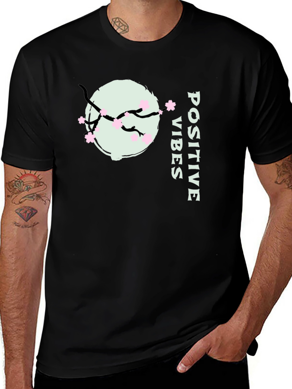 Positive Vibes Cherry Blossom Graphic Tee - Black