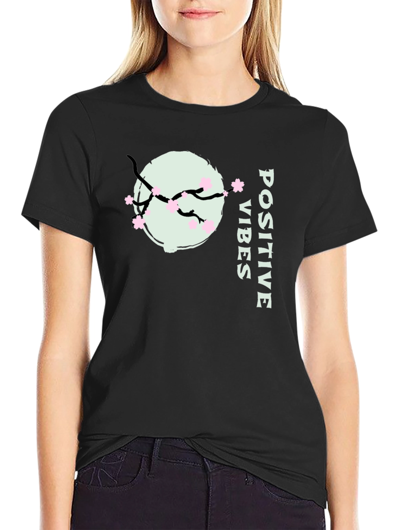Positive Vibes Cherry Blossom Graphic Tee - Black