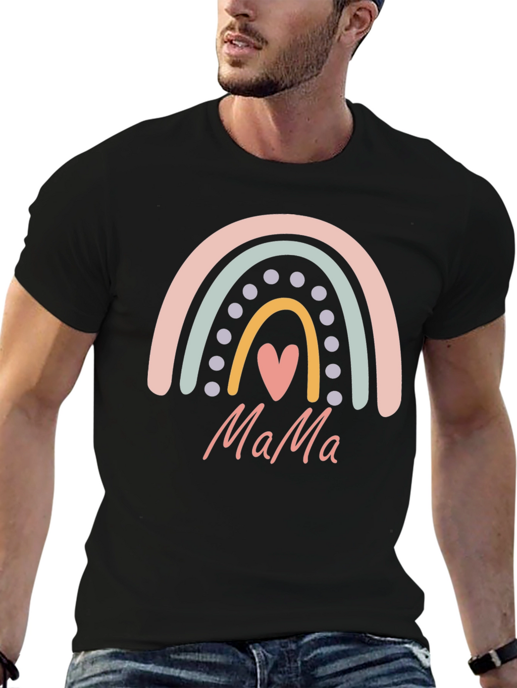 Mama Rainbow Heart Graphic T-Shirt - Black