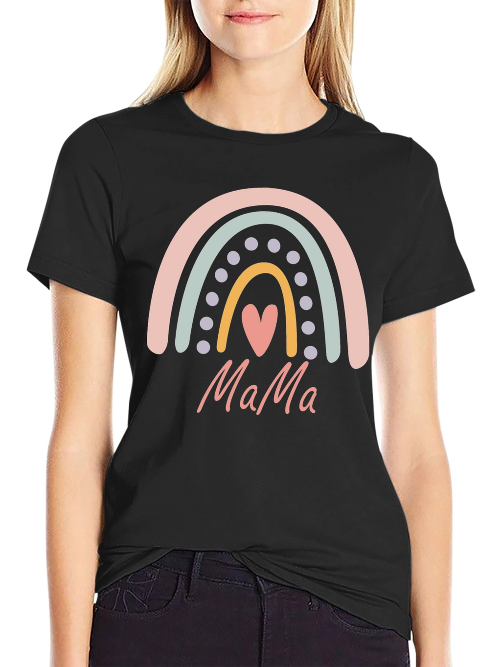 Mama Rainbow Heart Graphic T-Shirt - Black