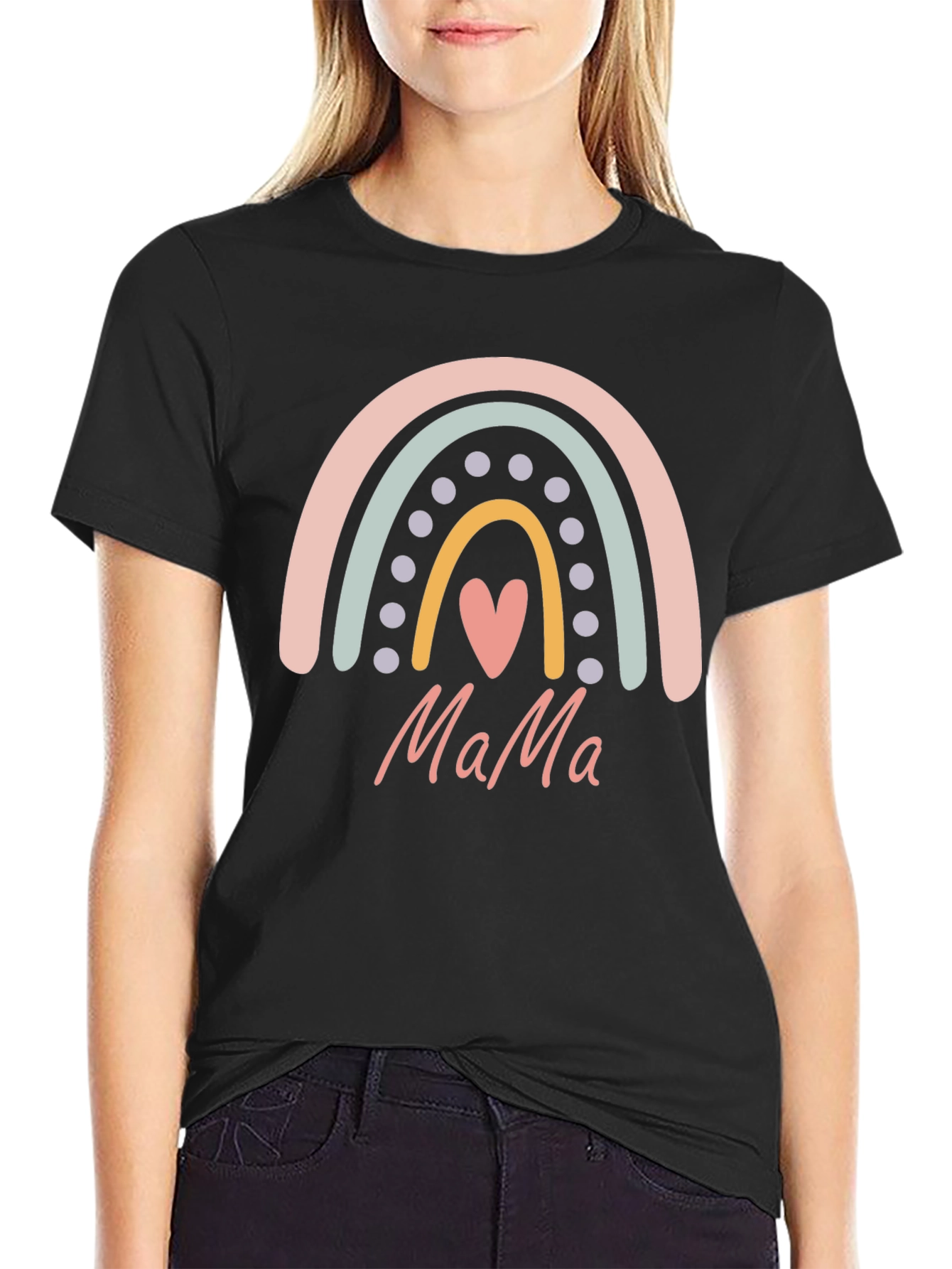 Mama Rainbow Heart Graphic T-Shirt - Black