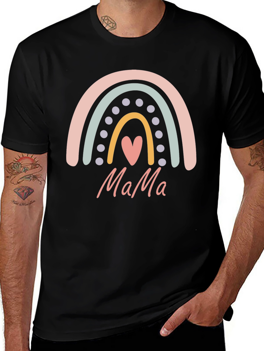Mama Rainbow Heart Graphic T-Shirt - Black