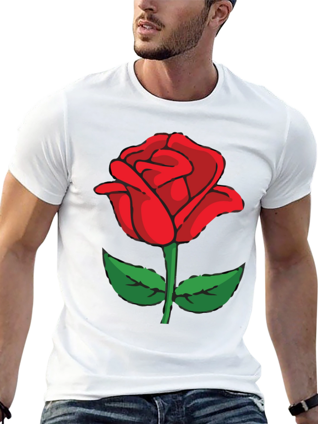 Black T-Shirt with Red Rose Graphic