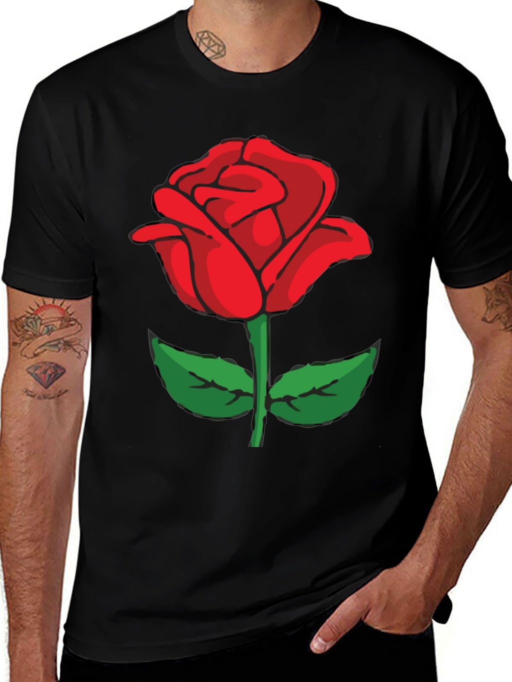 Black T-Shirt with Red Rose Graphic