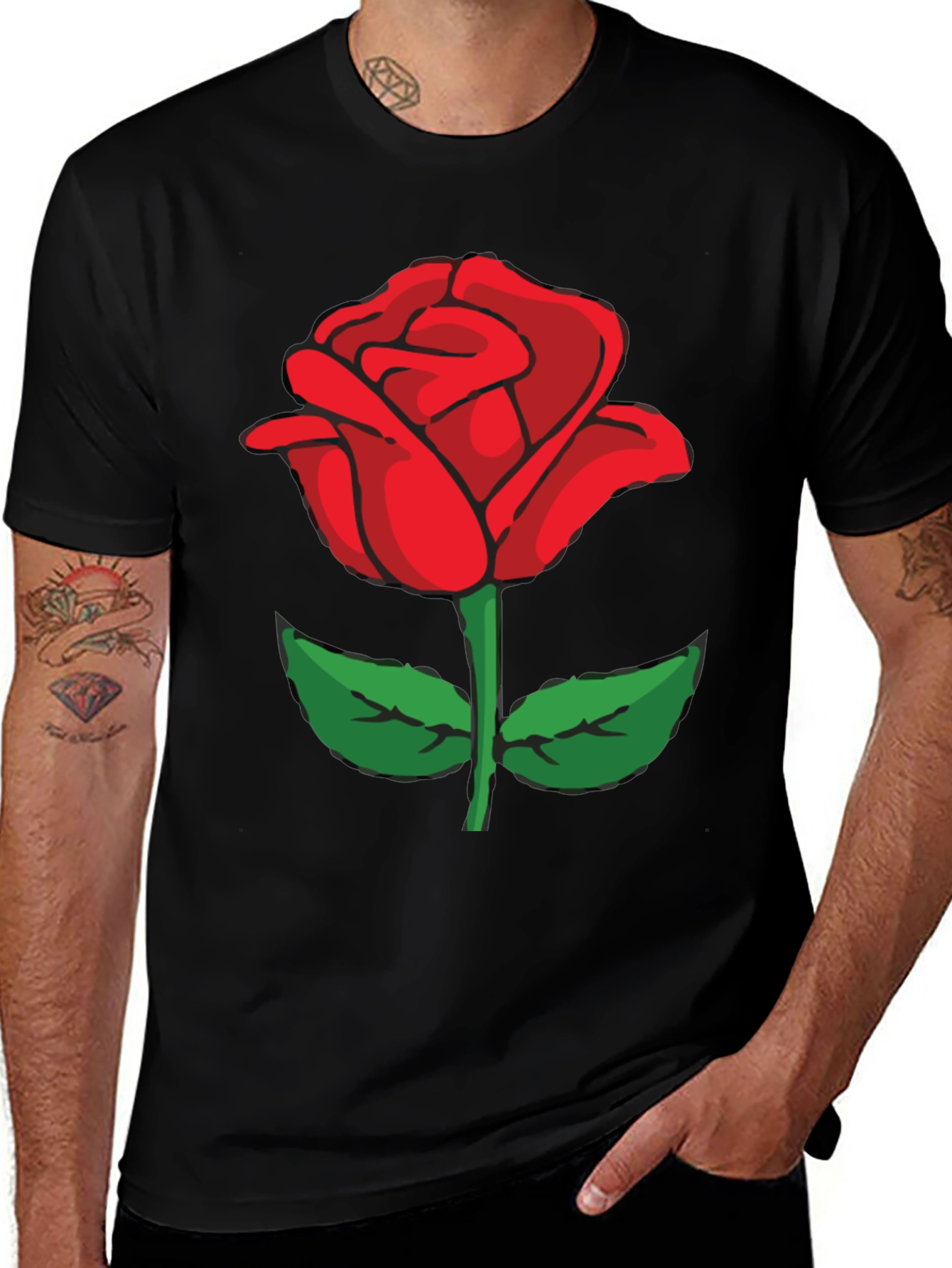 Black T-Shirt with Red Rose Graphic