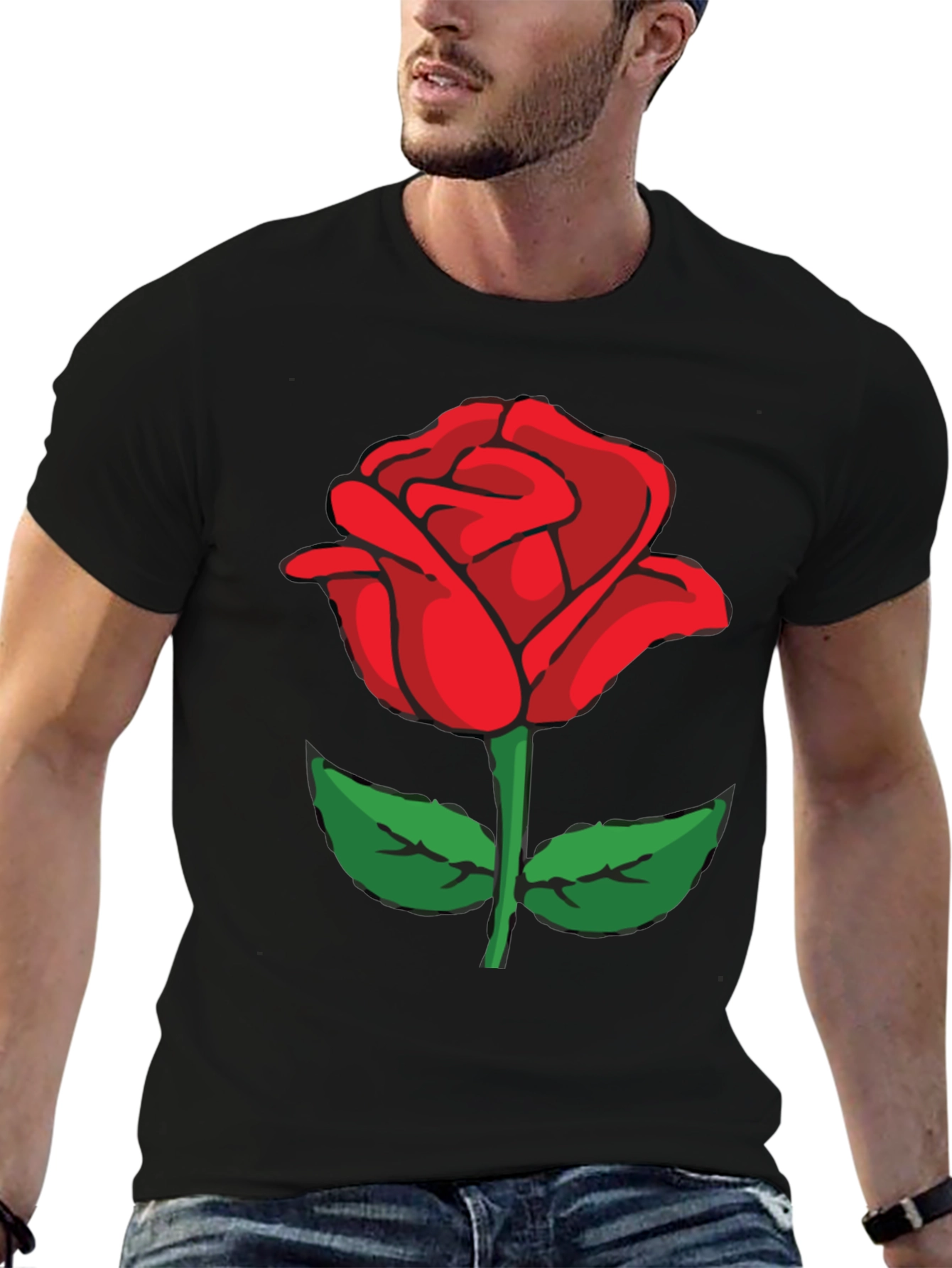 Black T-Shirt with Red Rose Graphic