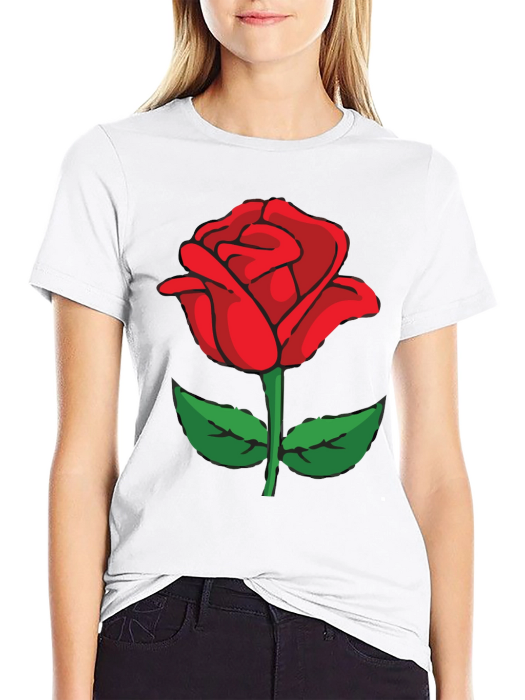 Black T-Shirt with Red Rose Graphic