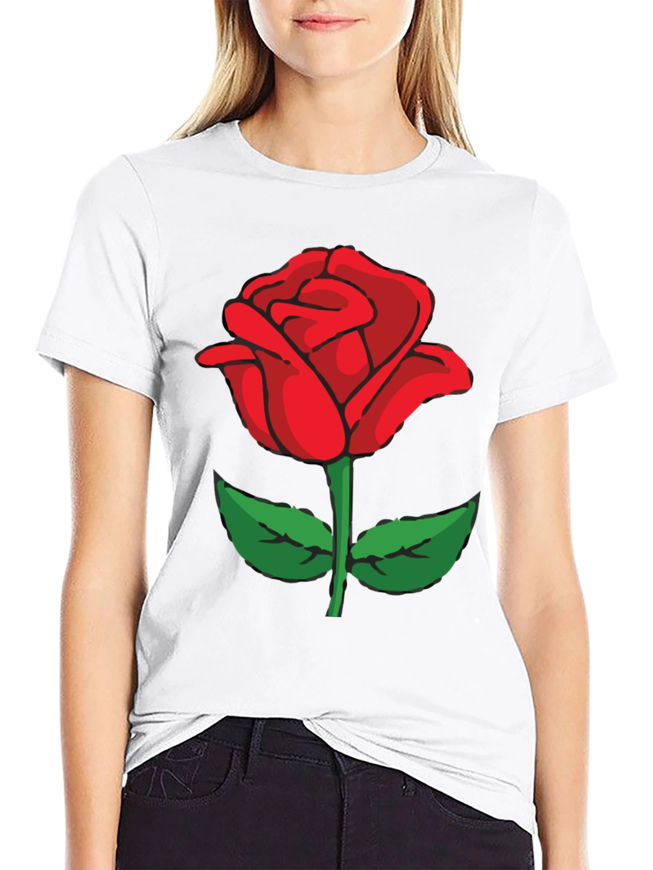 Black T-Shirt with Red Rose Graphic