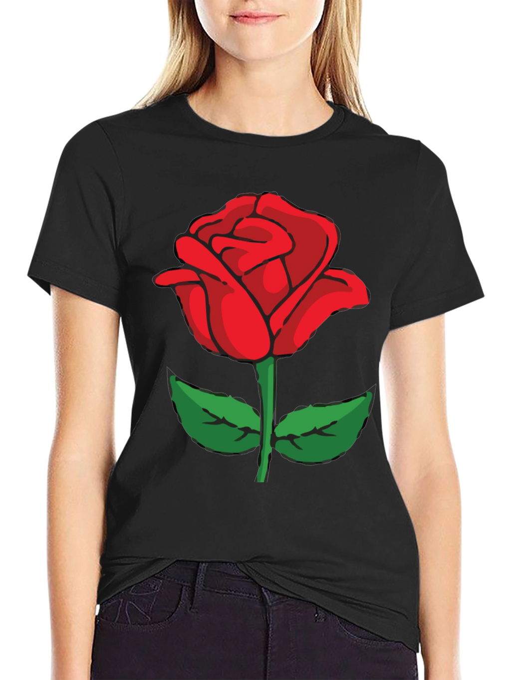 Black T-Shirt with Red Rose Graphic