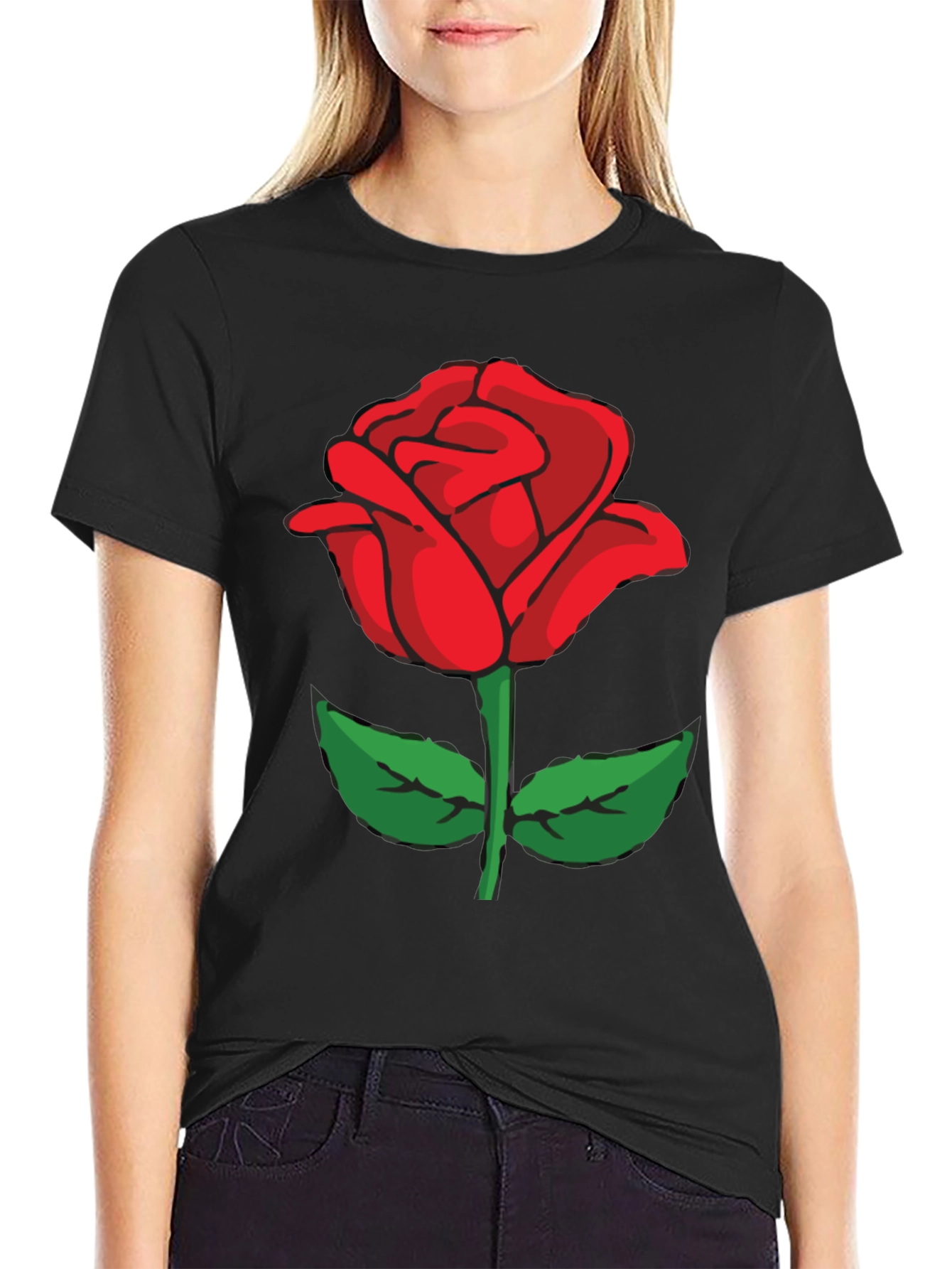 Black T-Shirt with Red Rose Graphic