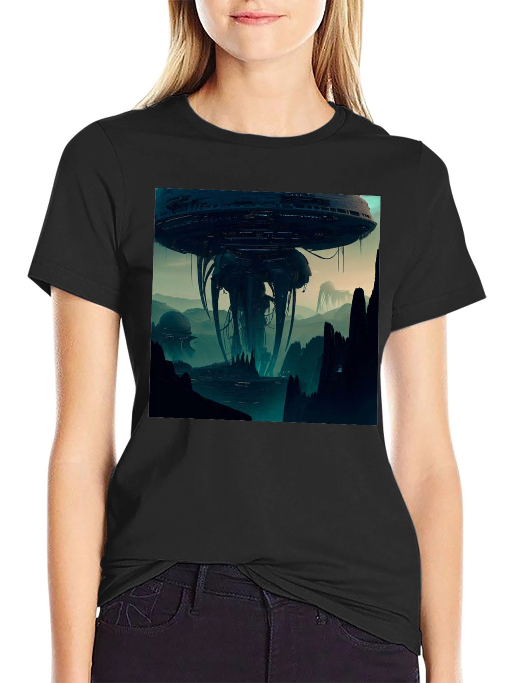 Sci-Fi Alien Landscape Graphic Black T-Shirt