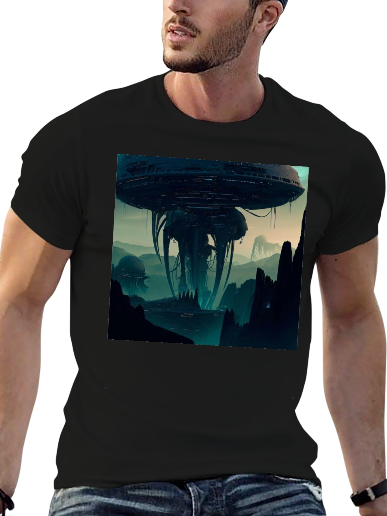 Sci-Fi Alien Landscape Graphic Black T-Shirt