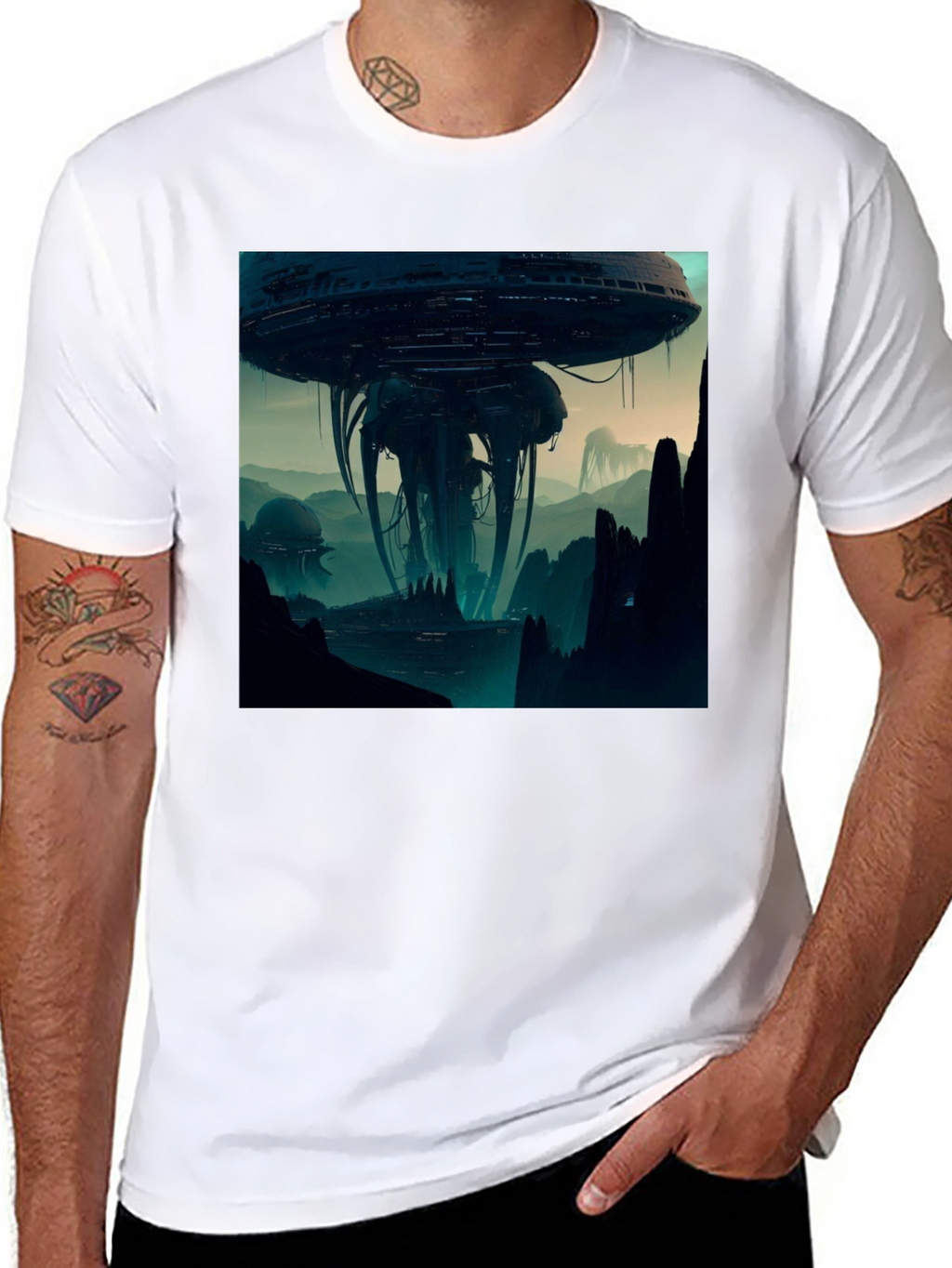 Sci-Fi Alien Landscape Graphic Black T-Shirt