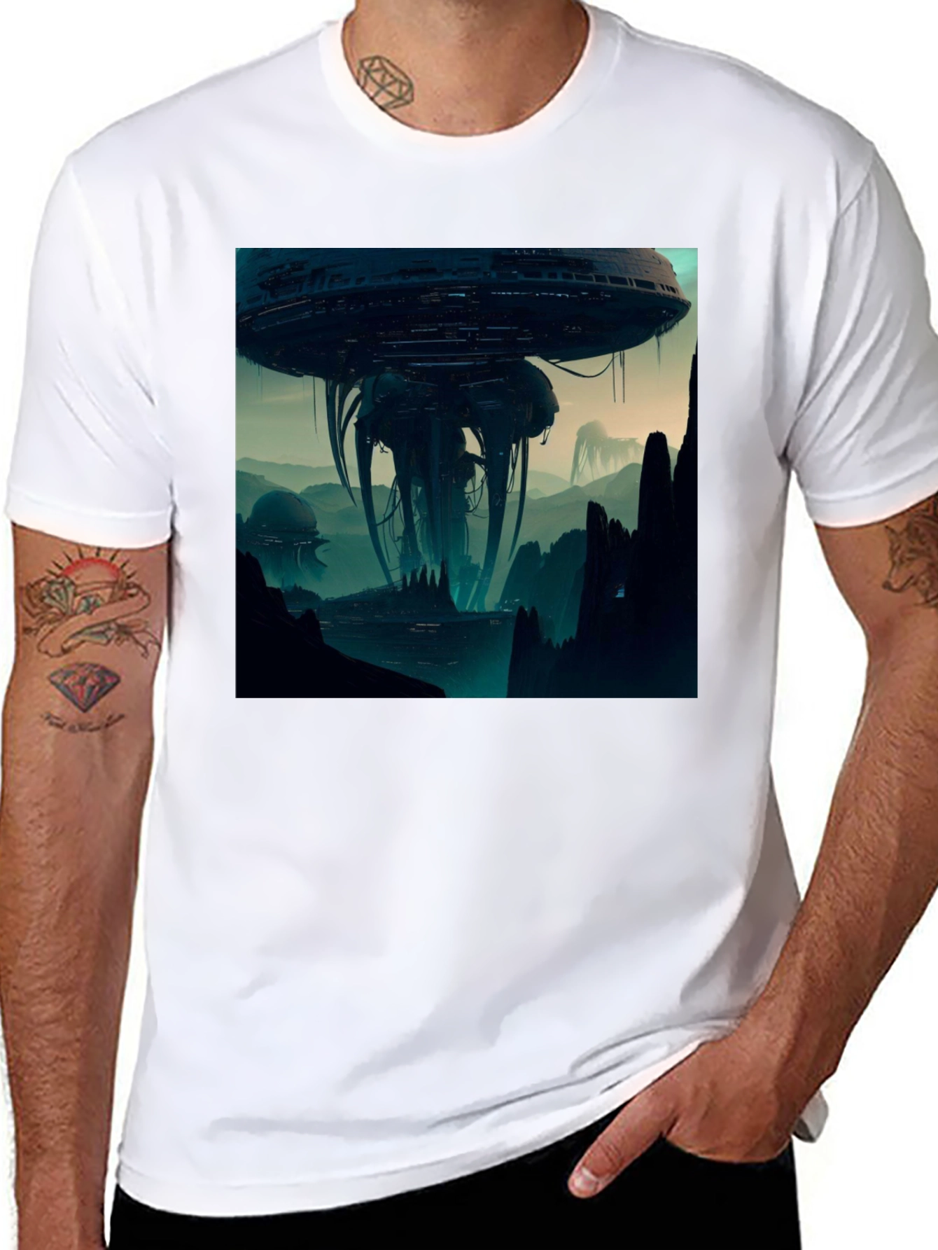 Sci-Fi Alien Landscape Graphic Black T-Shirt