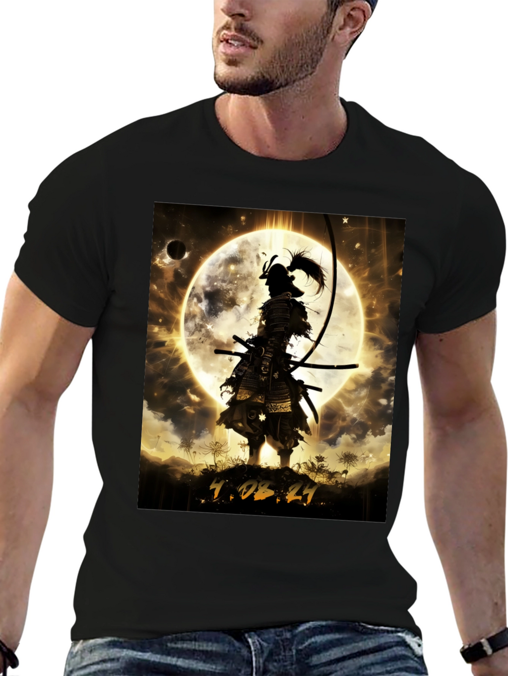 Samurai Moon Graphic T-Shirt - Warrior Style