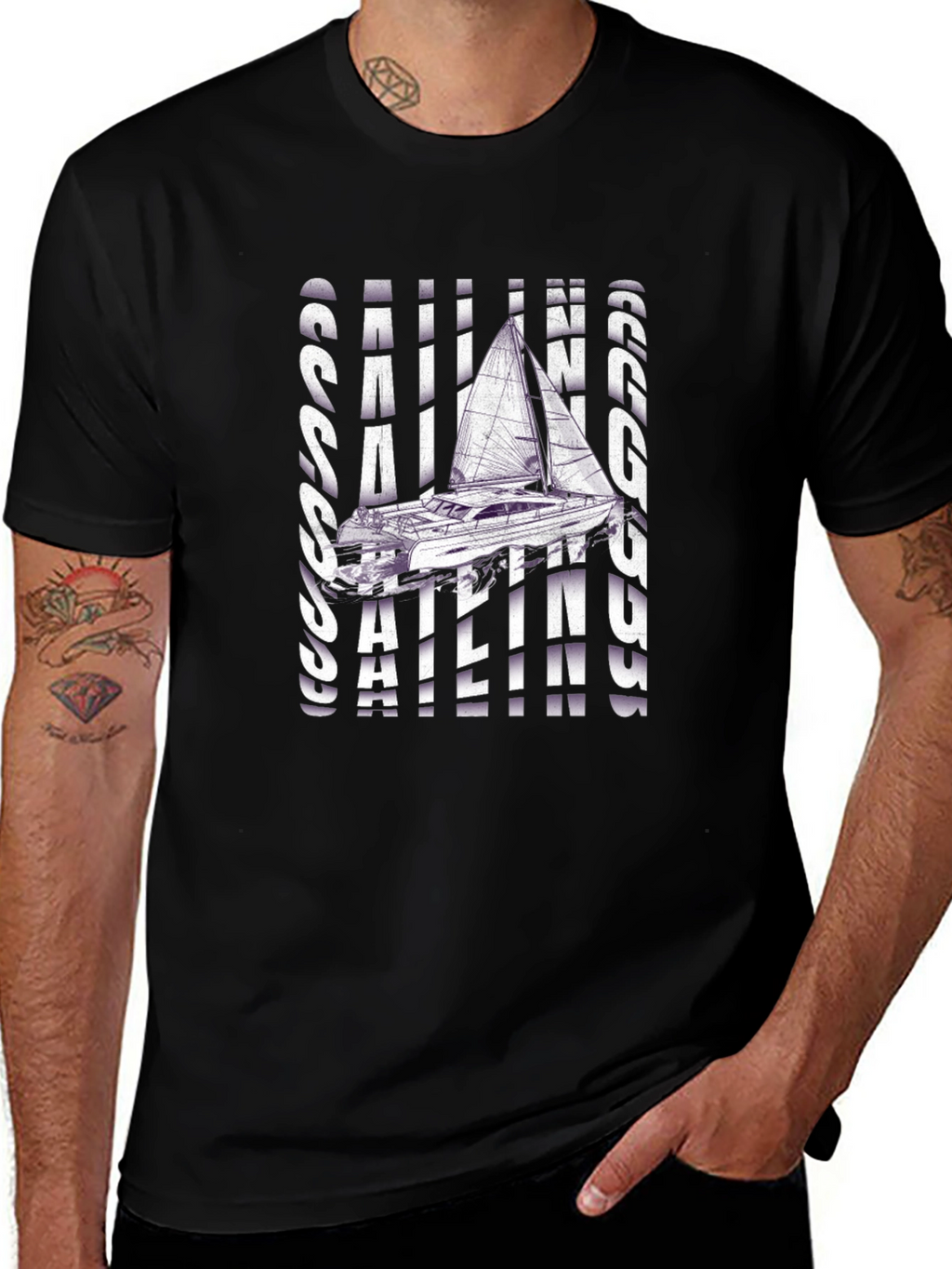 Sailing Graphic T-Shirt - Black Crew Neck