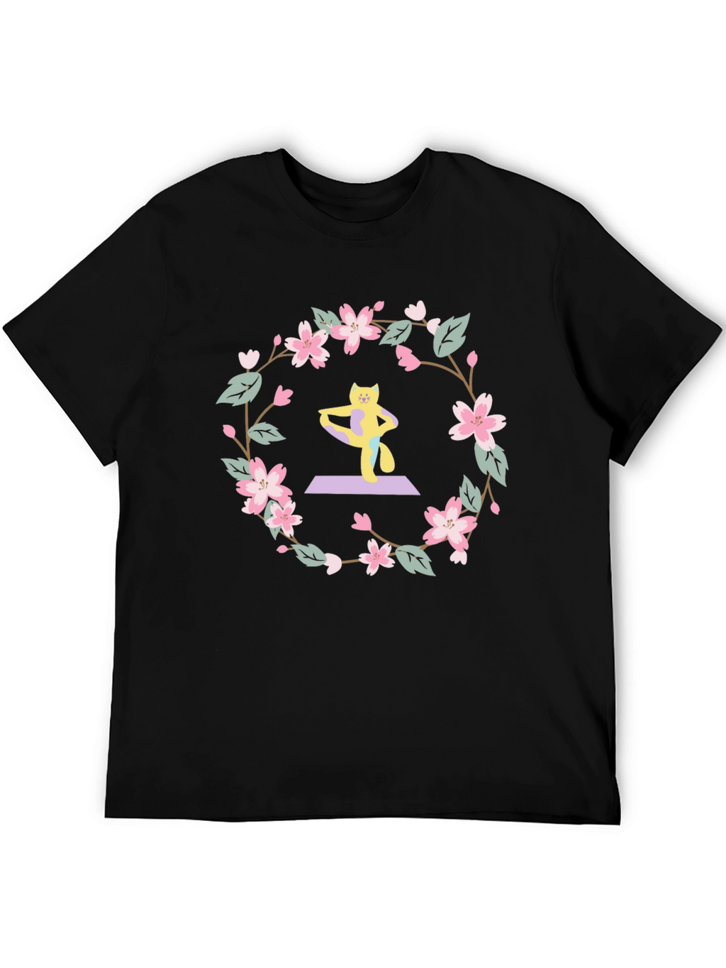 Yoga Cat Sakura Wreath T-Shirt