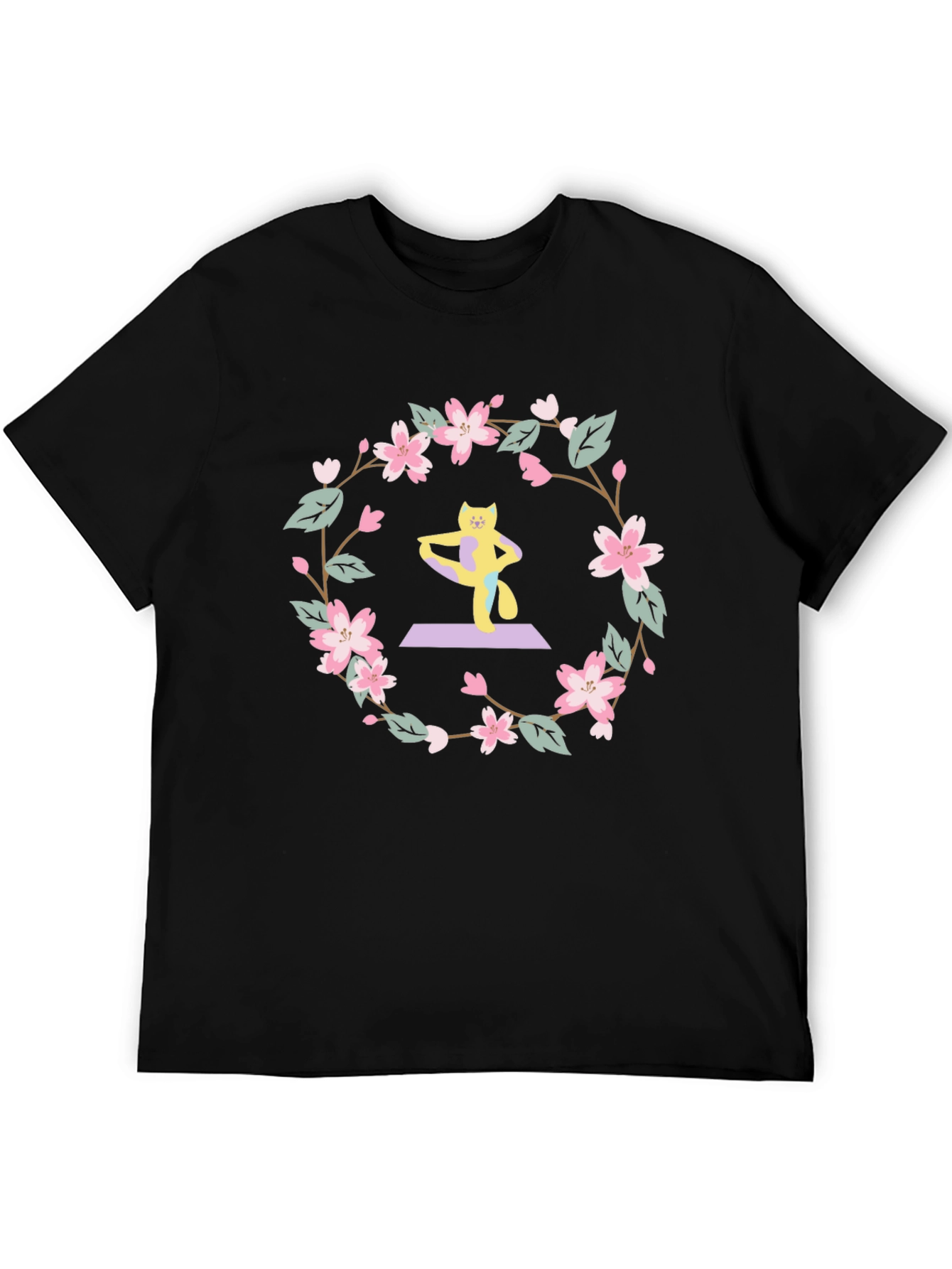Yoga Cat Sakura Wreath T-Shirt
