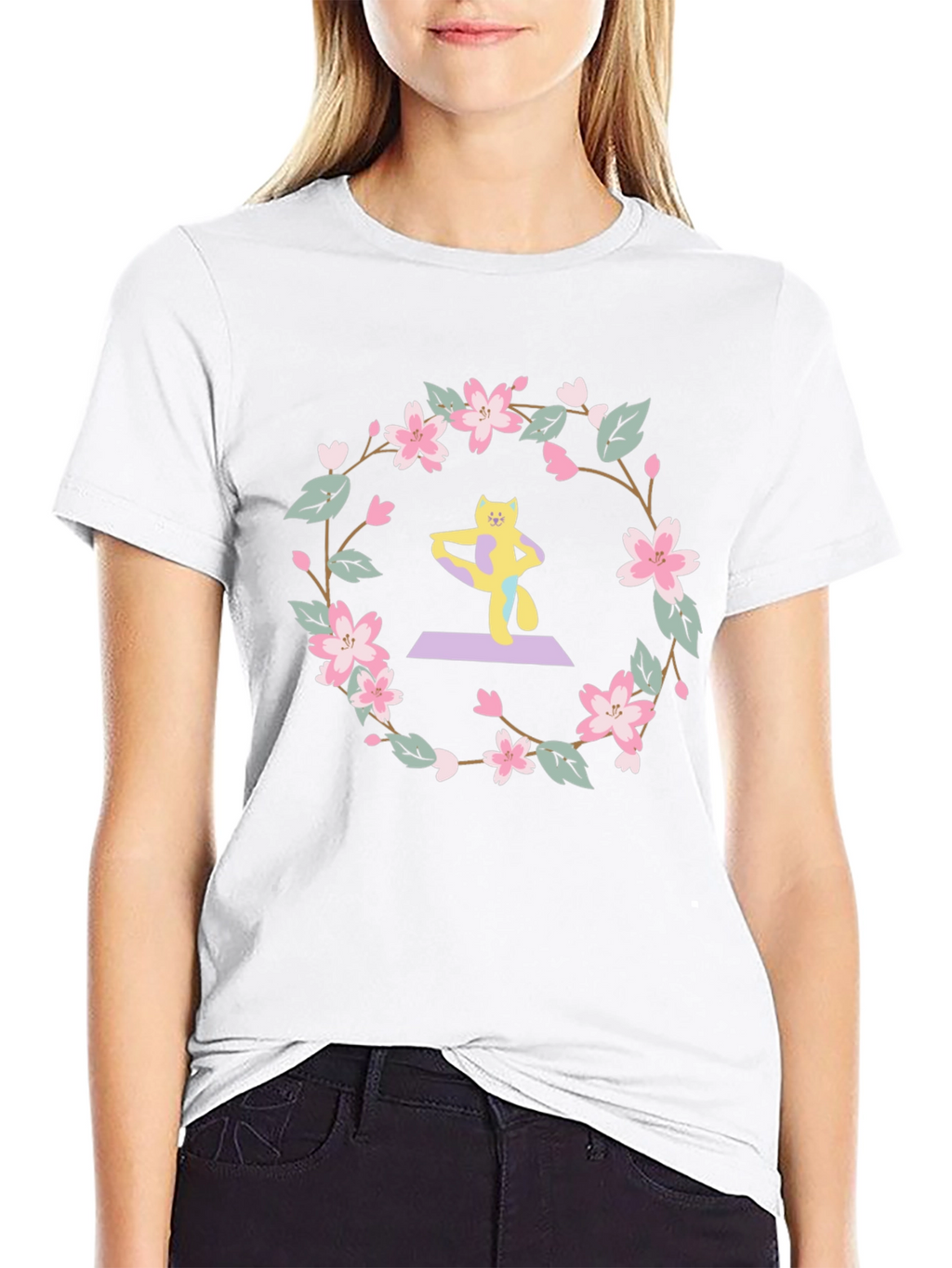Yoga Cat Sakura Wreath T-Shirt