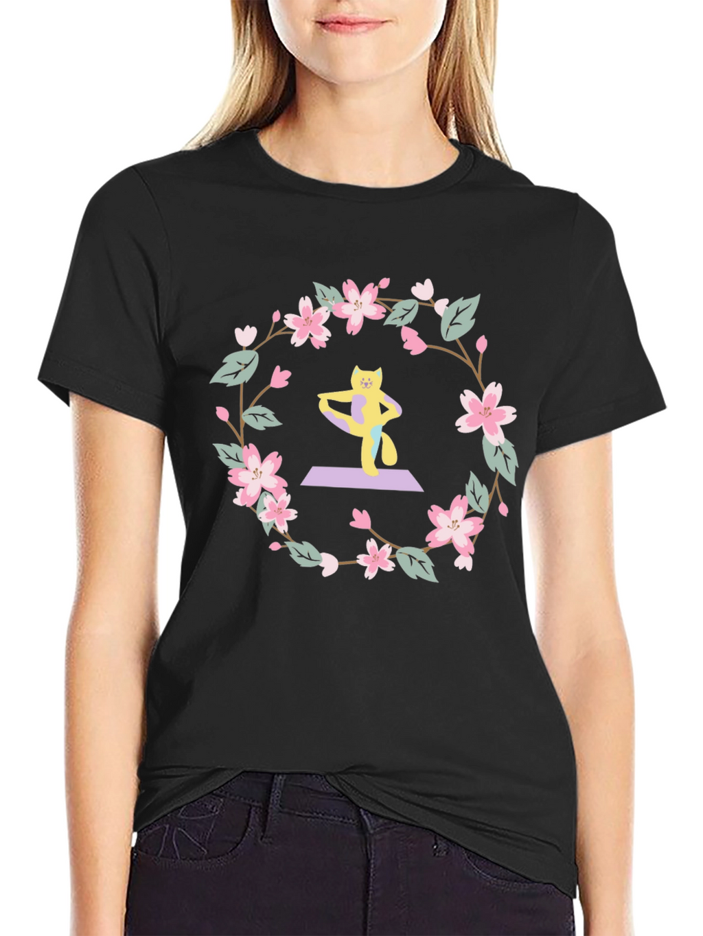 Yoga Cat Sakura Wreath T-Shirt