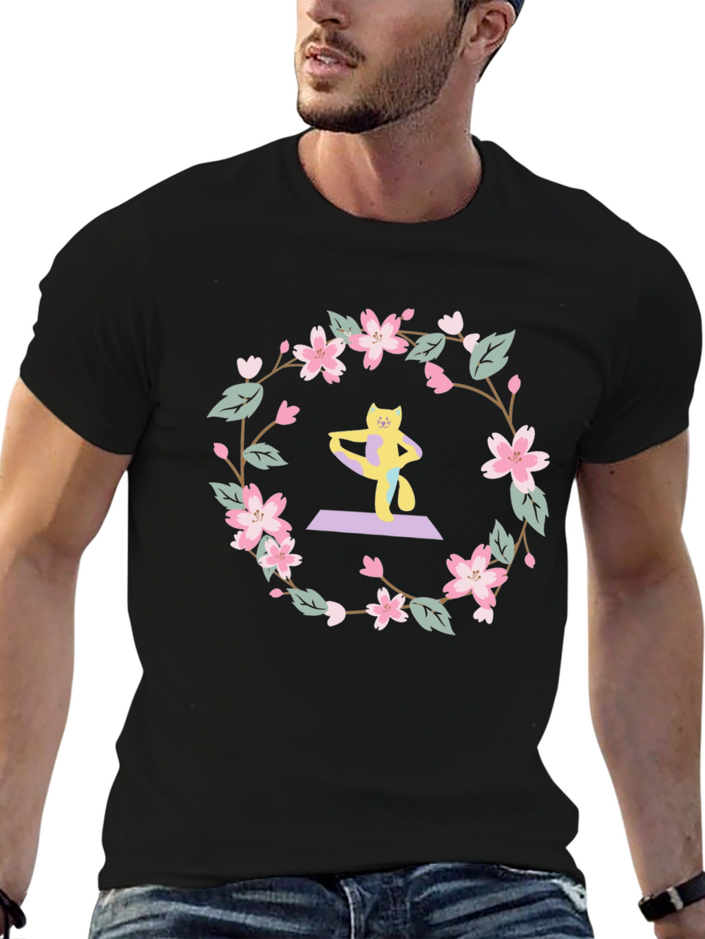Yoga Cat Sakura Wreath T-Shirt