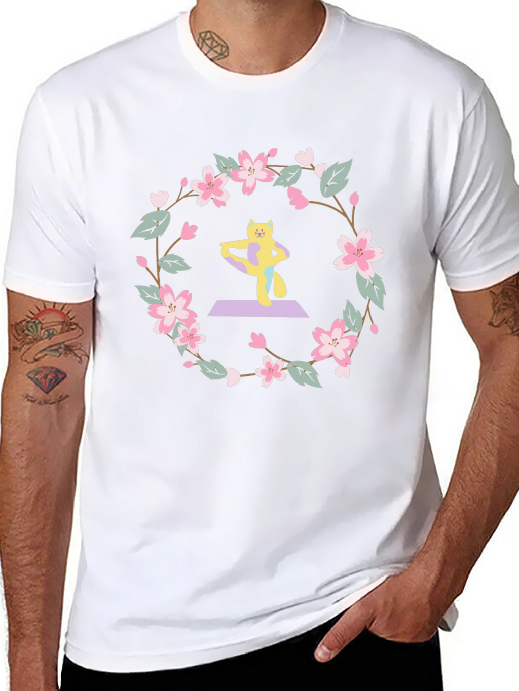 Yoga Cat Sakura Wreath T-Shirt