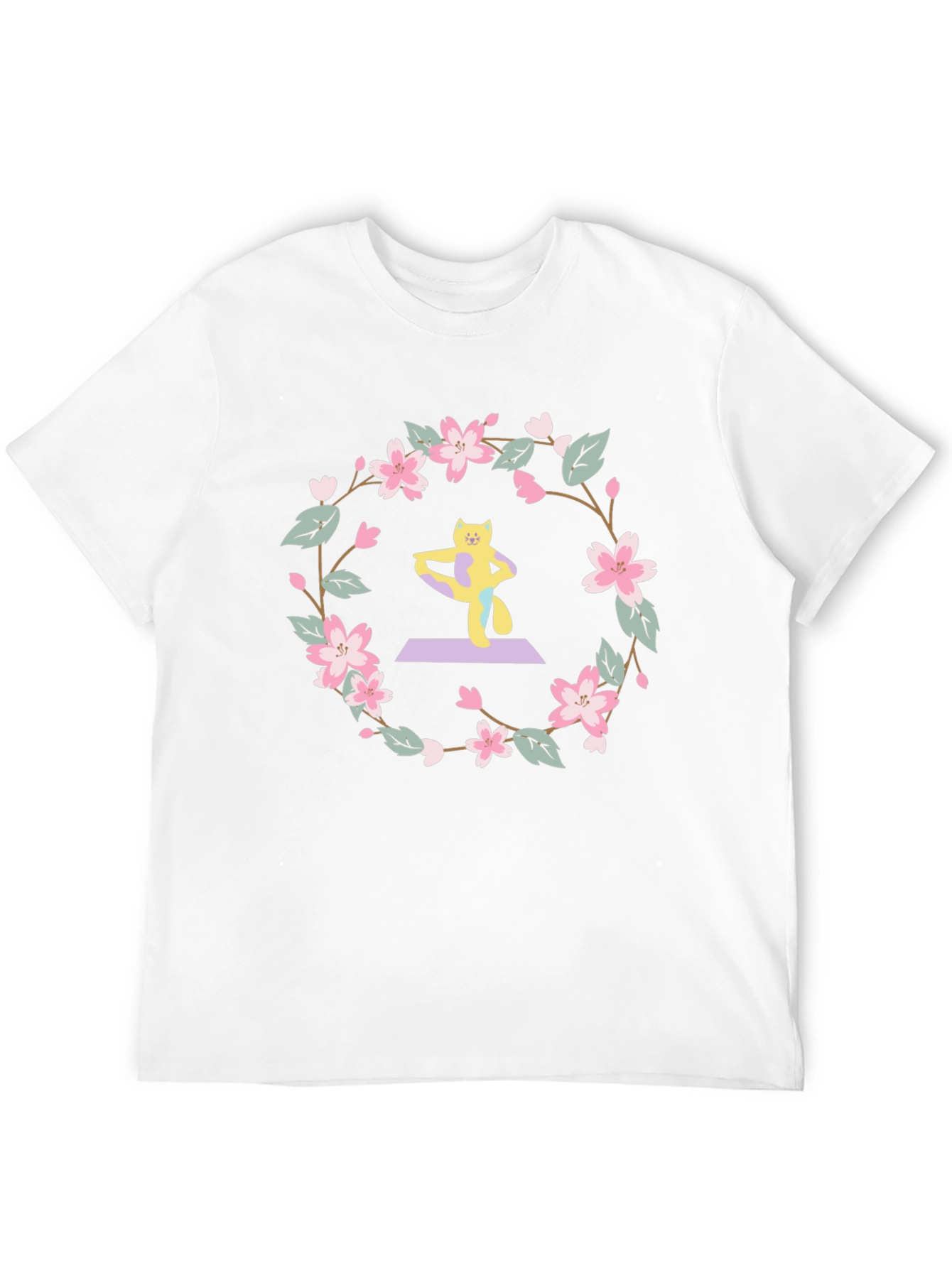 Yoga Cat Sakura Wreath T-Shirt