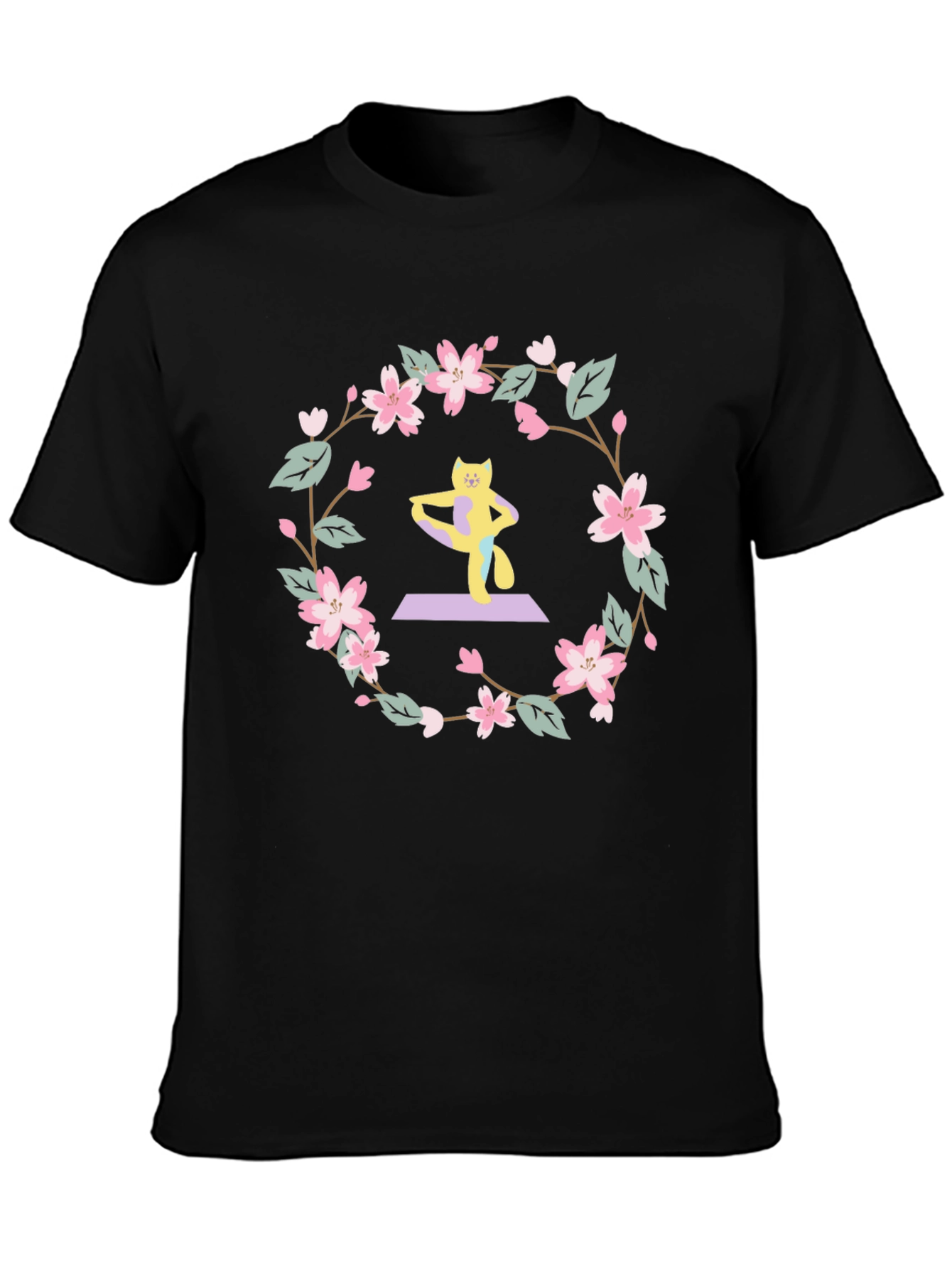 Yoga Cat Sakura Wreath T-Shirt