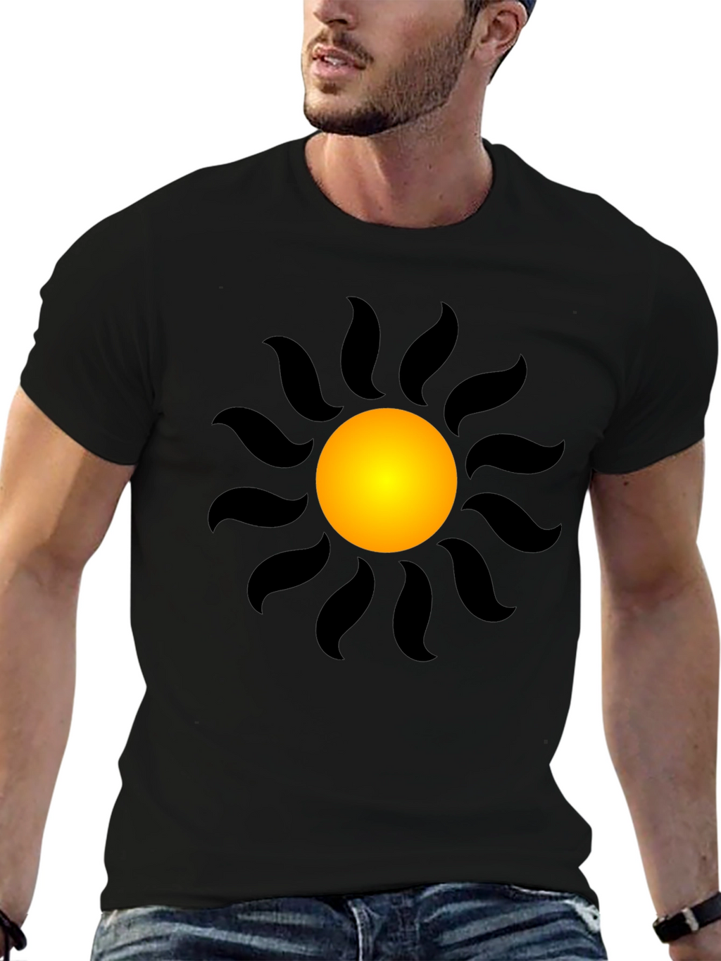 Black T-Shirt with Radiant Sun Graphic