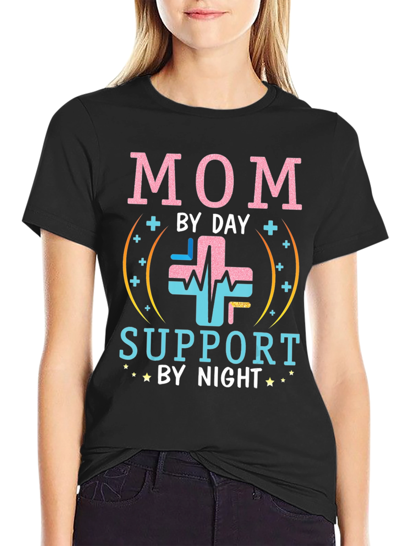 Mom By Day Support By Night Black T-Shirt