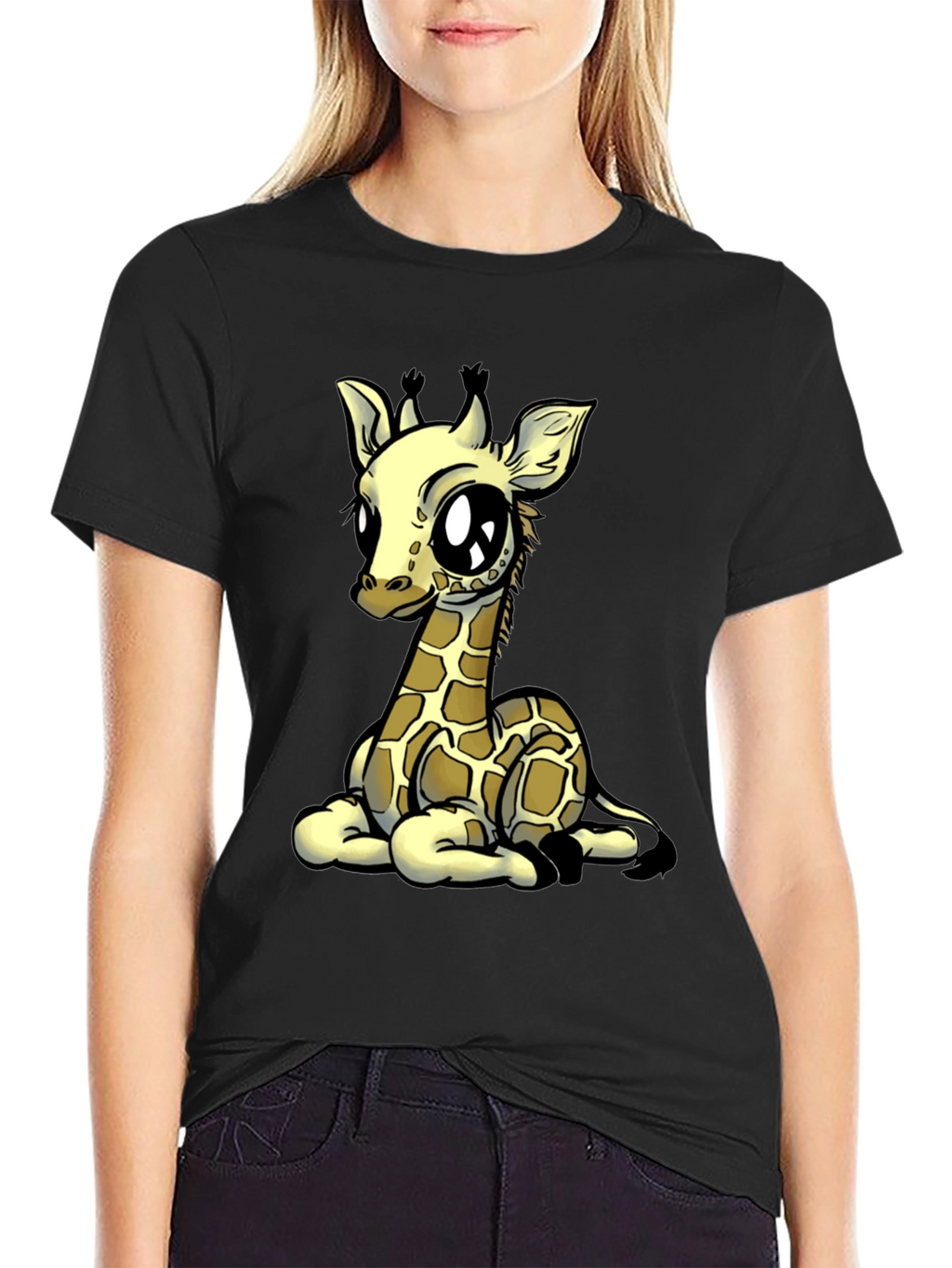 Cute Giraffe Graphic Tee - Black Cotton T-Shirt