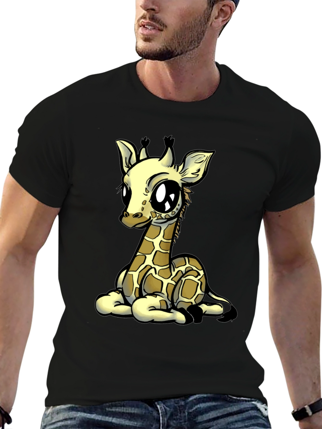 Cute Giraffe Graphic Tee - Black Cotton T-Shirt