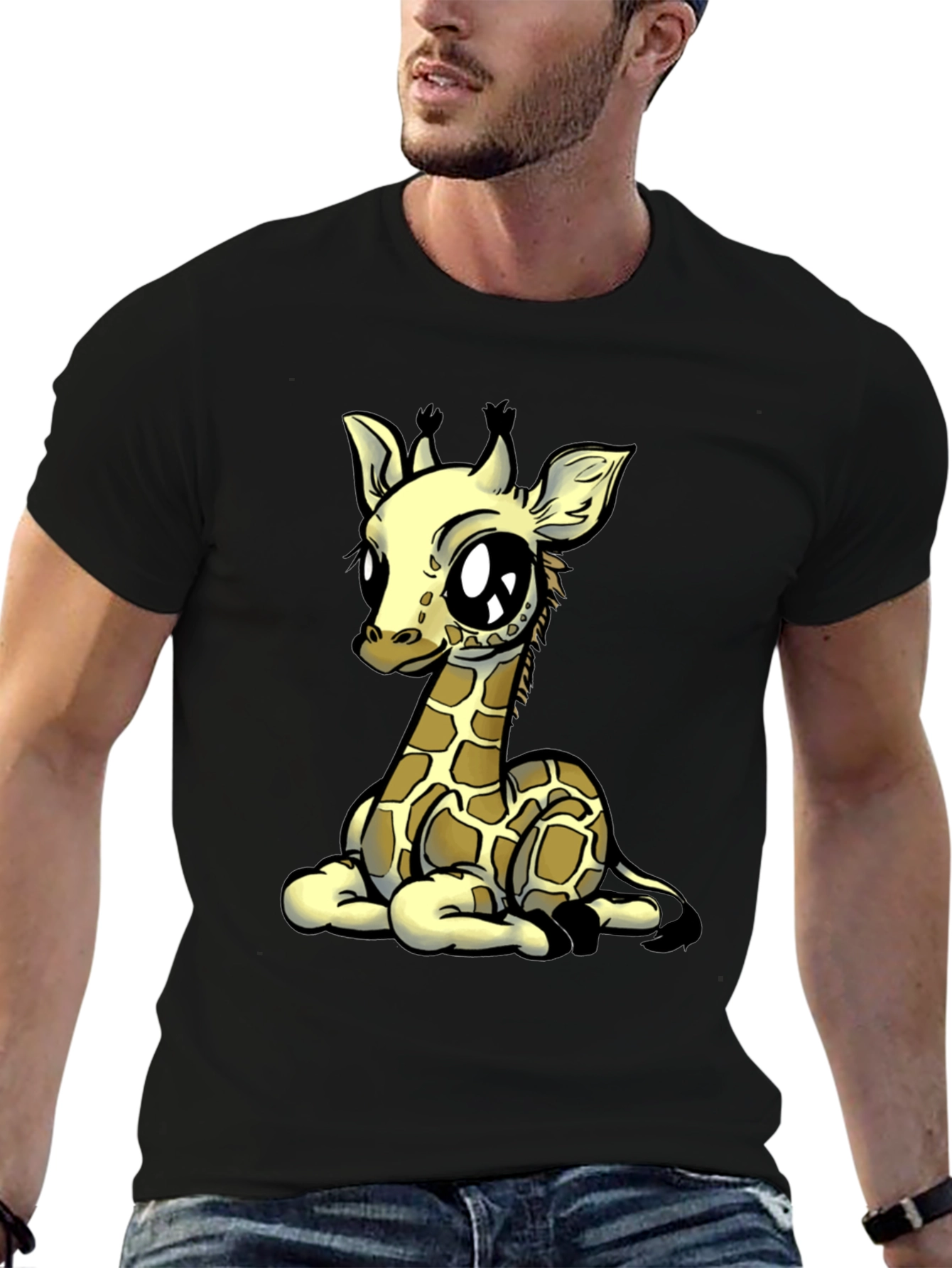 Cute Giraffe Graphic Tee - Black Cotton T-Shirt