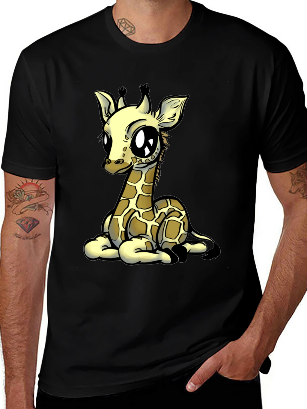 Cute Giraffe Graphic Tee - Black Cotton T-Shirt