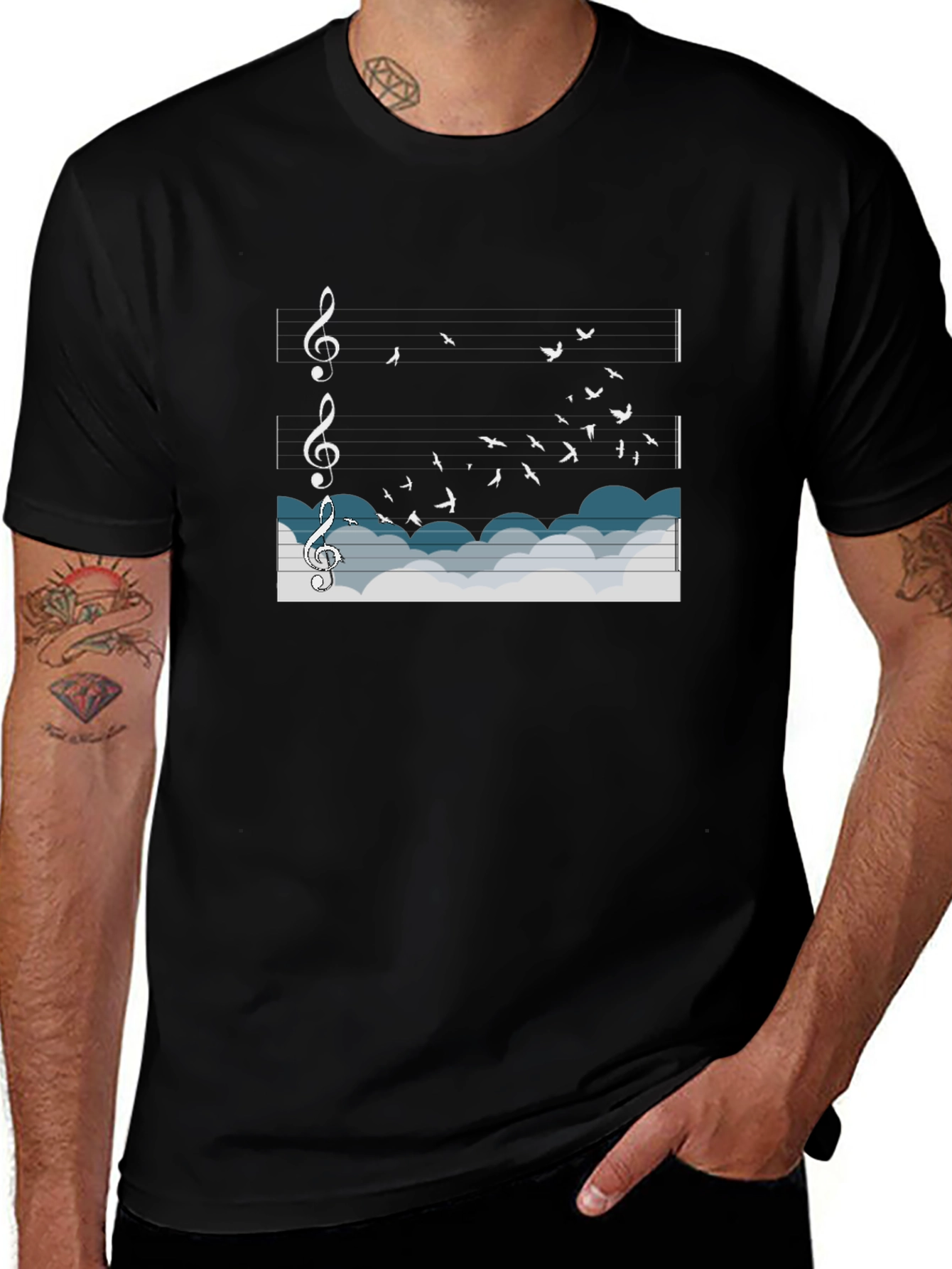 Musical Flight T-Shirt: Birds & Notes in the Sky