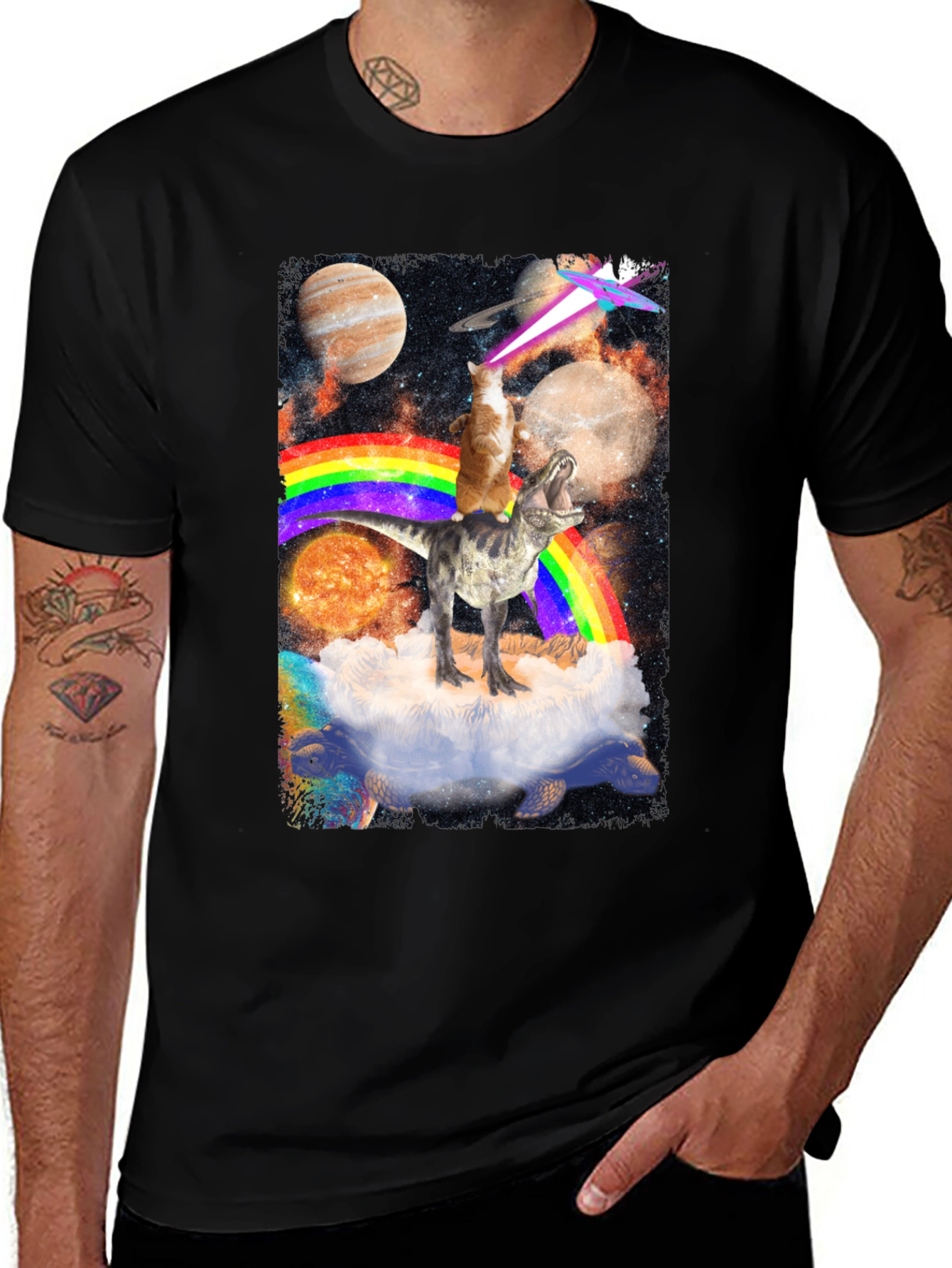 Cosmic Dinosaur Cat Rainbow T-Shirt