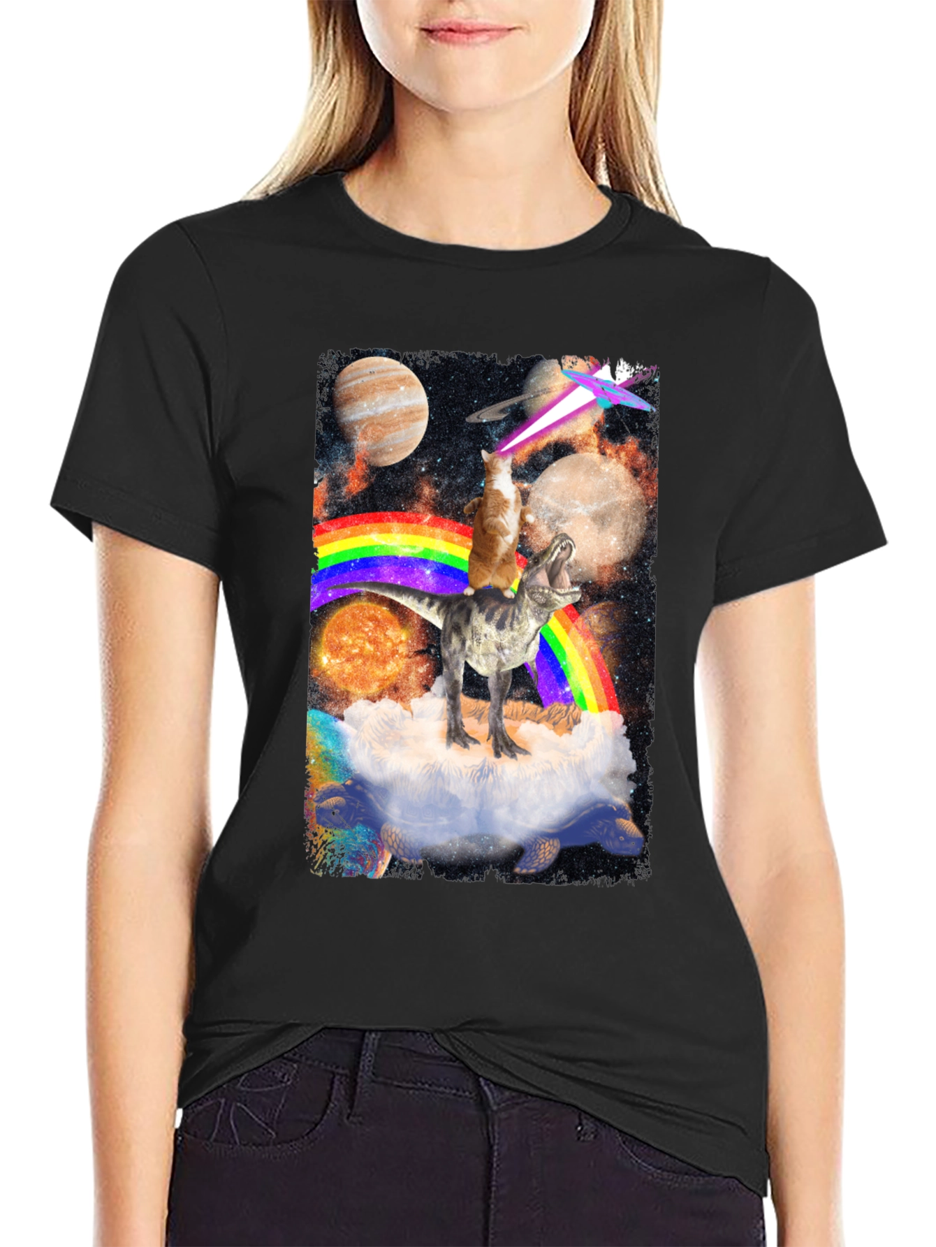 Cosmic Dinosaur Cat Rainbow T-Shirt