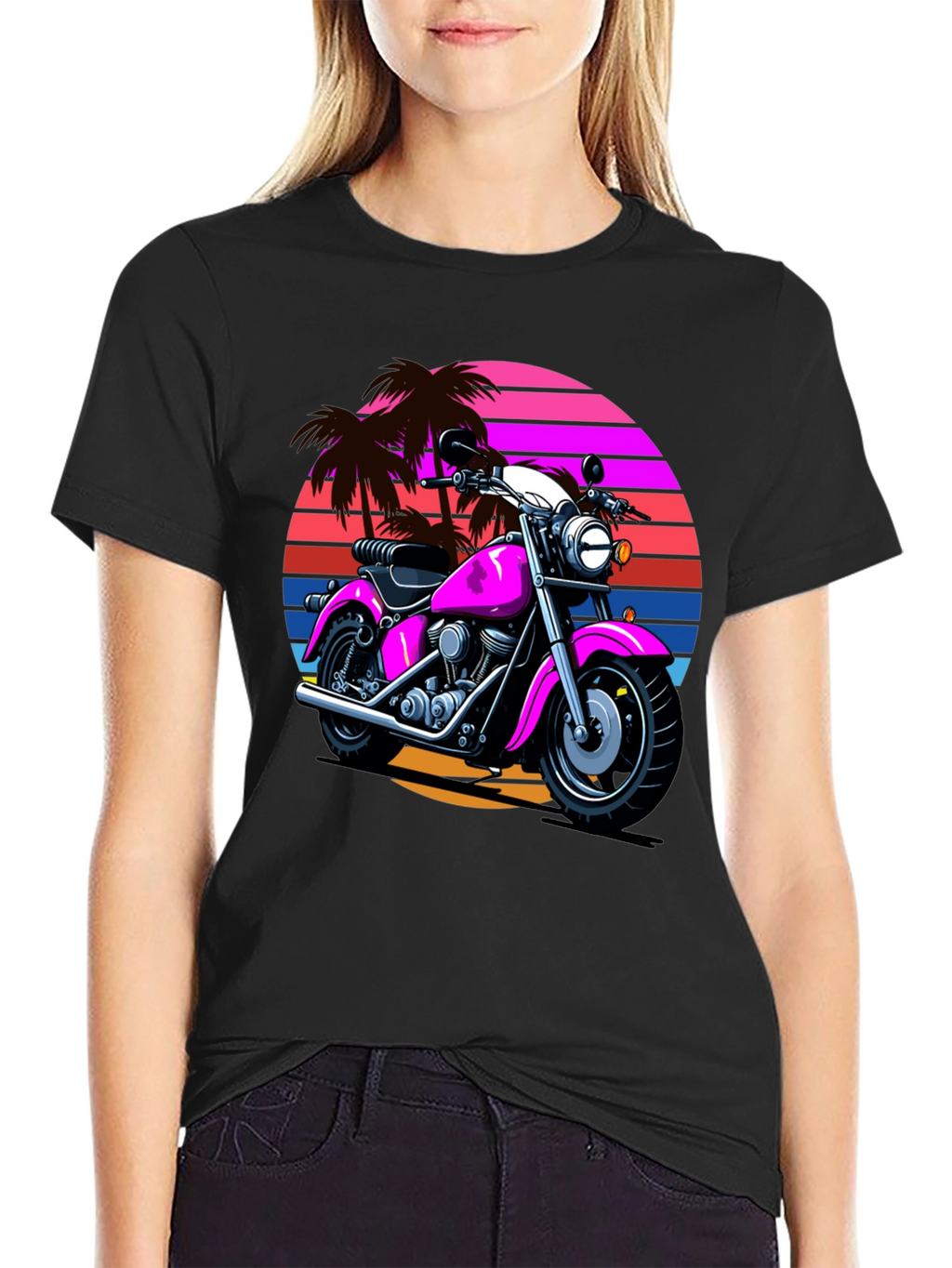 Retro Motorcycle T-Shirt - Palm Sunset Graphic