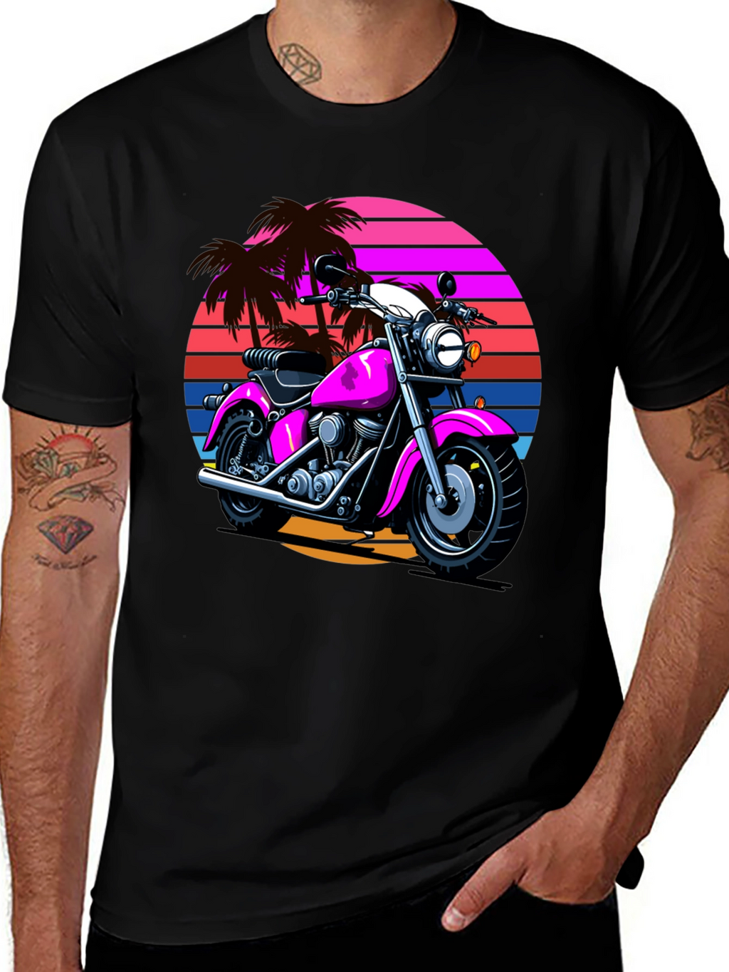 Retro Motorcycle T-Shirt - Palm Sunset Graphic