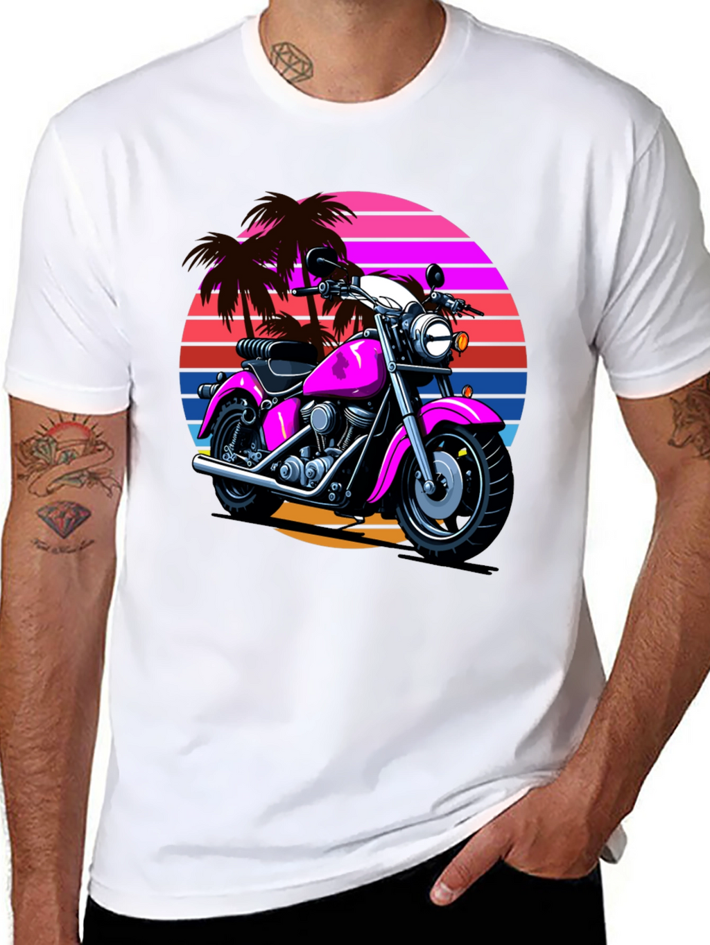 Retro Motorcycle T-Shirt - Palm Sunset Graphic