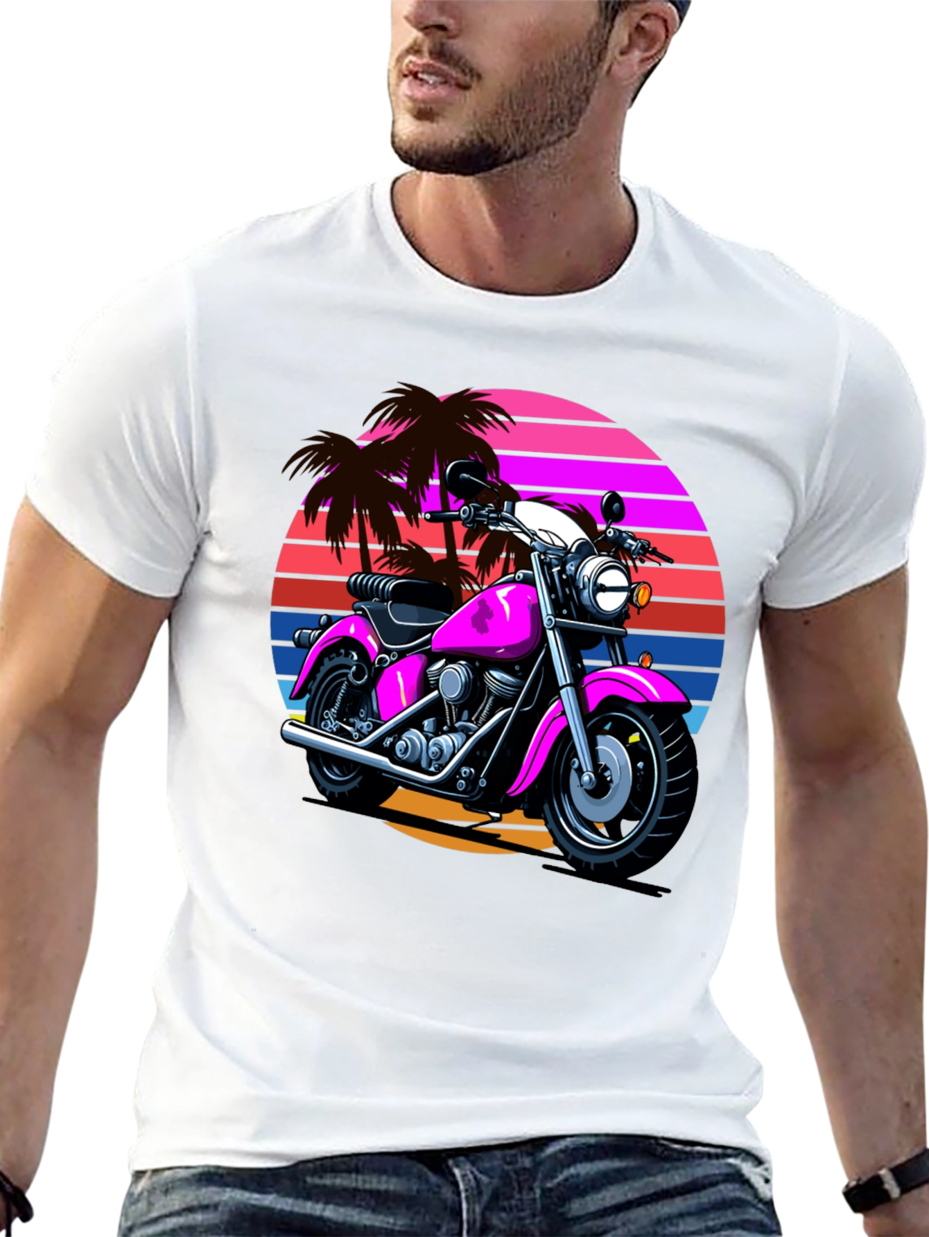 Retro Motorcycle T-Shirt - Palm Sunset Graphic