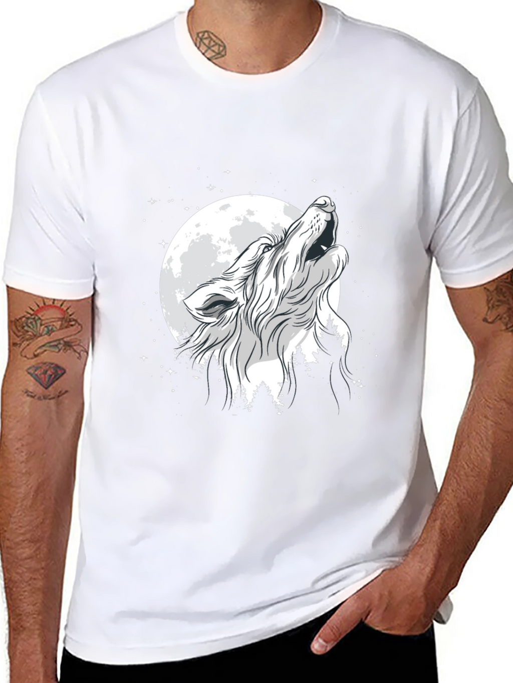 Wolf Howling at Moon Graphic Black T-Shirt