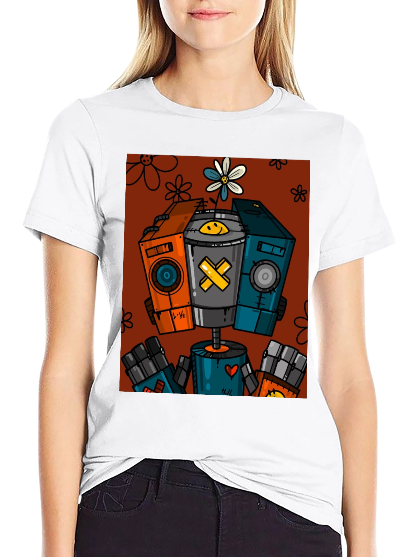 Robot Graphic Print Black T-Shirt