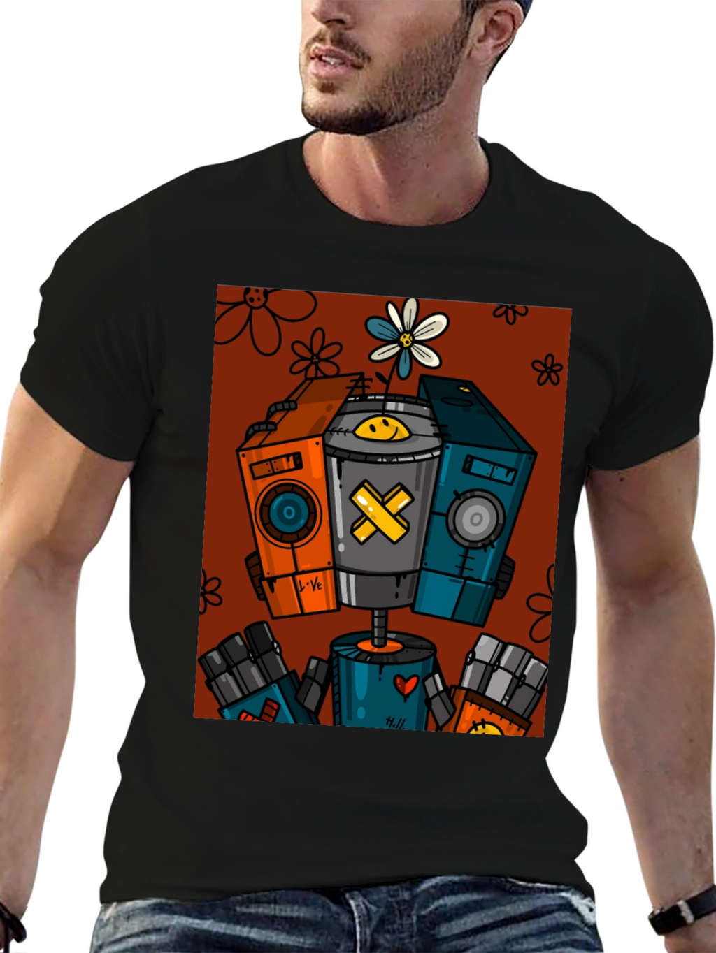 Robot Graphic Print Black T-Shirt