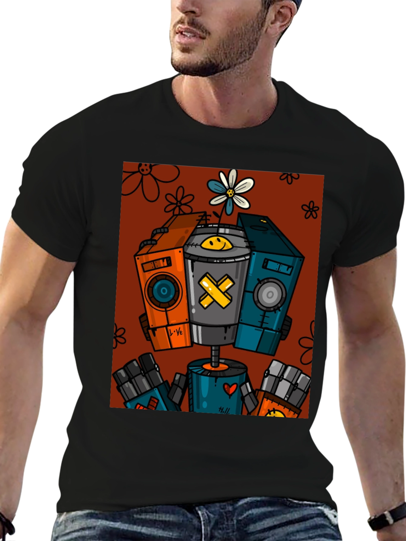 Robot Graphic Print Black T-Shirt