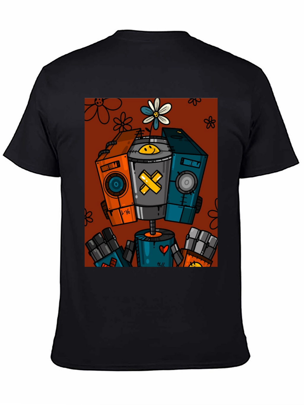 Robot Graphic Print Black T-Shirt