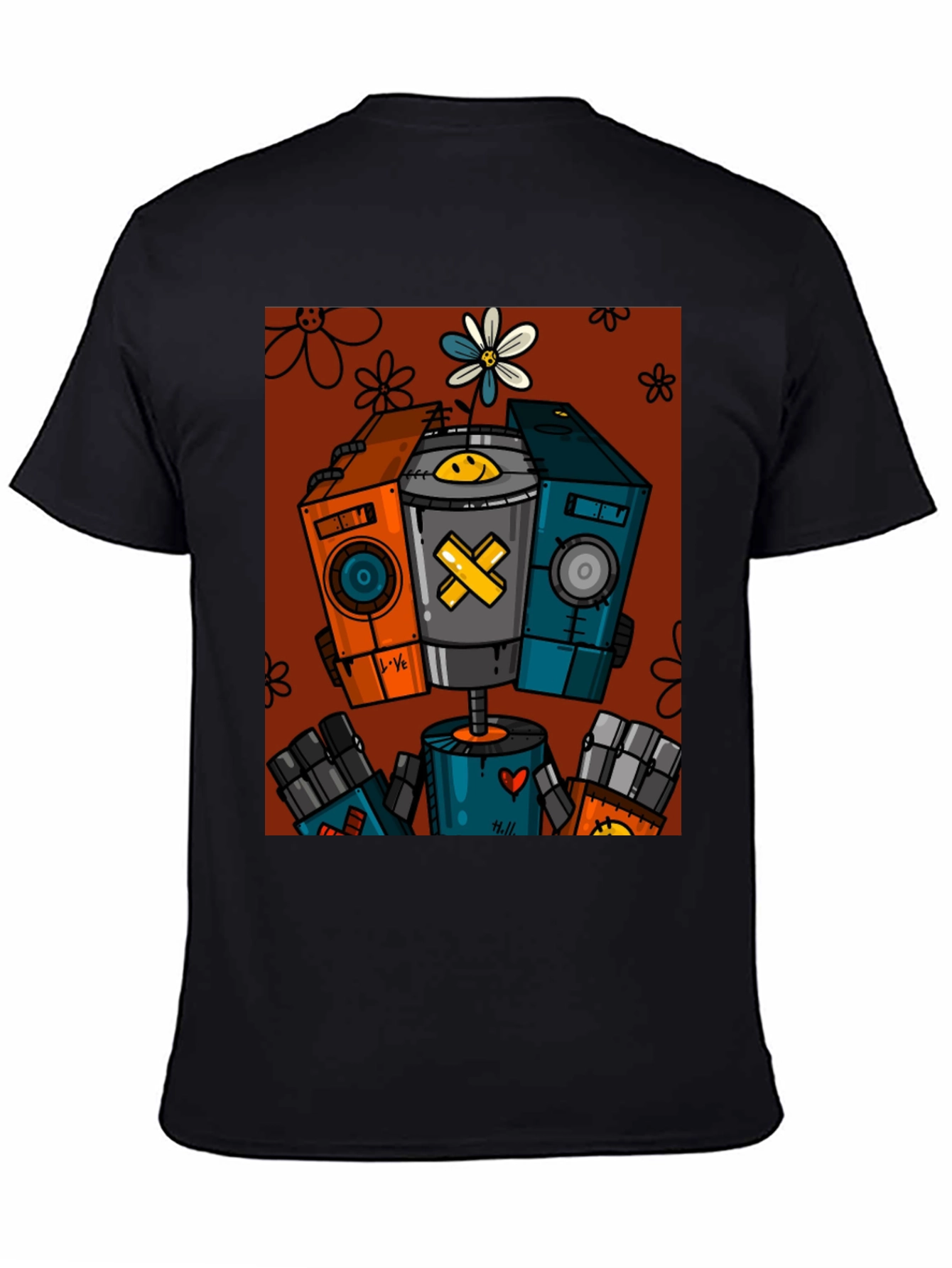Robot Graphic Print Black T-Shirt