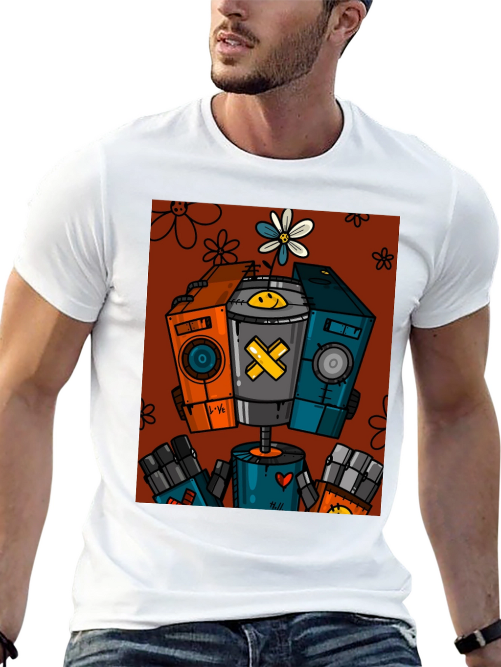 Robot Graphic Print Black T-Shirt