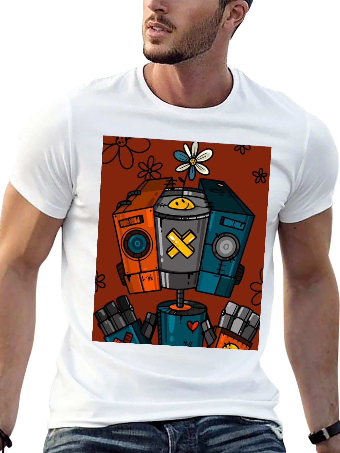 Robot Graphic Print Black T-Shirt