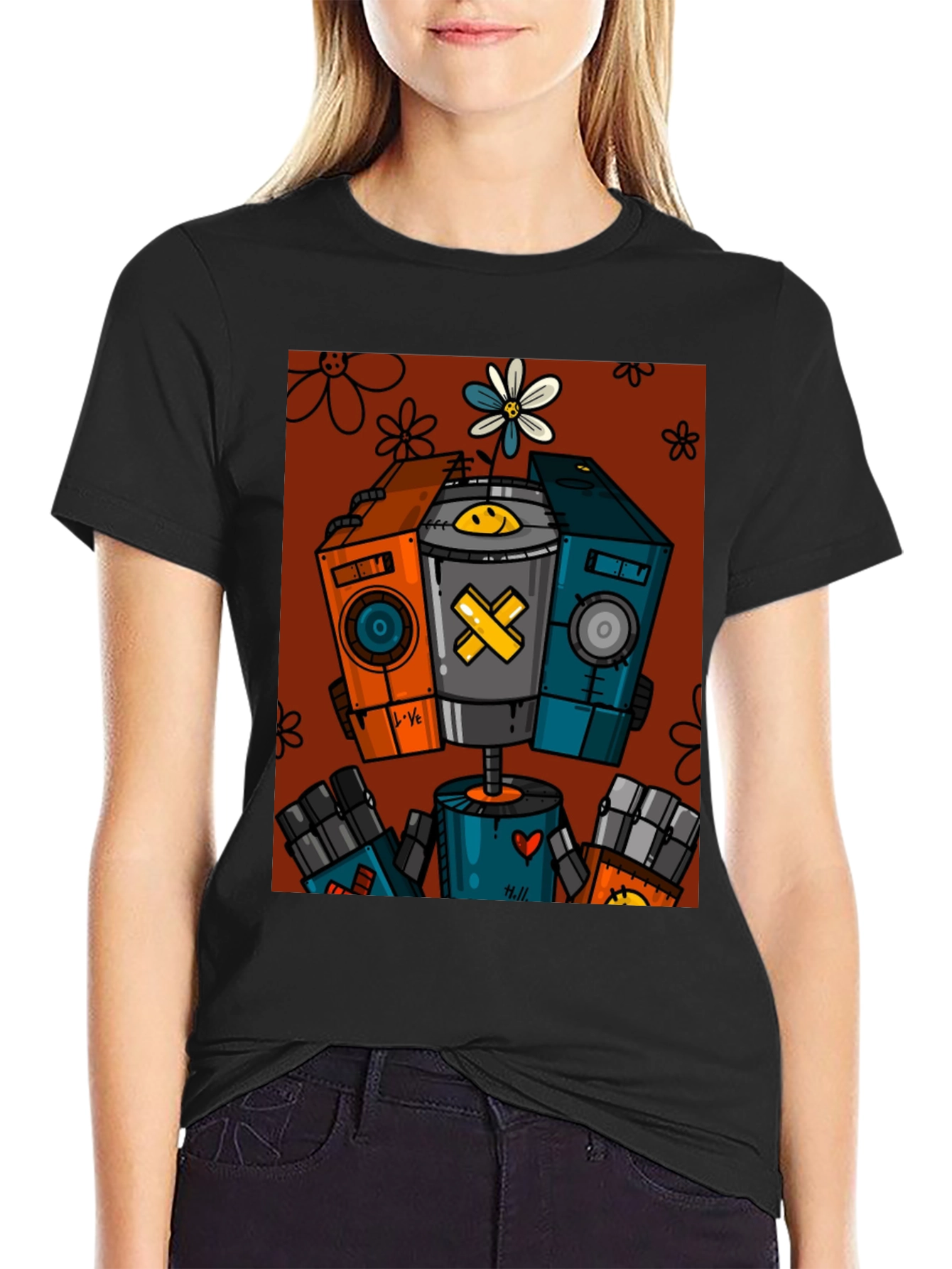 Robot Graphic Print Black T-Shirt